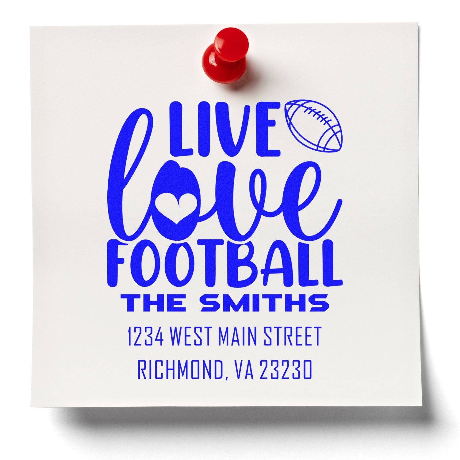 Personalized football rubber stamp with Live Love Football and The Smiths Richmond, VA return address.