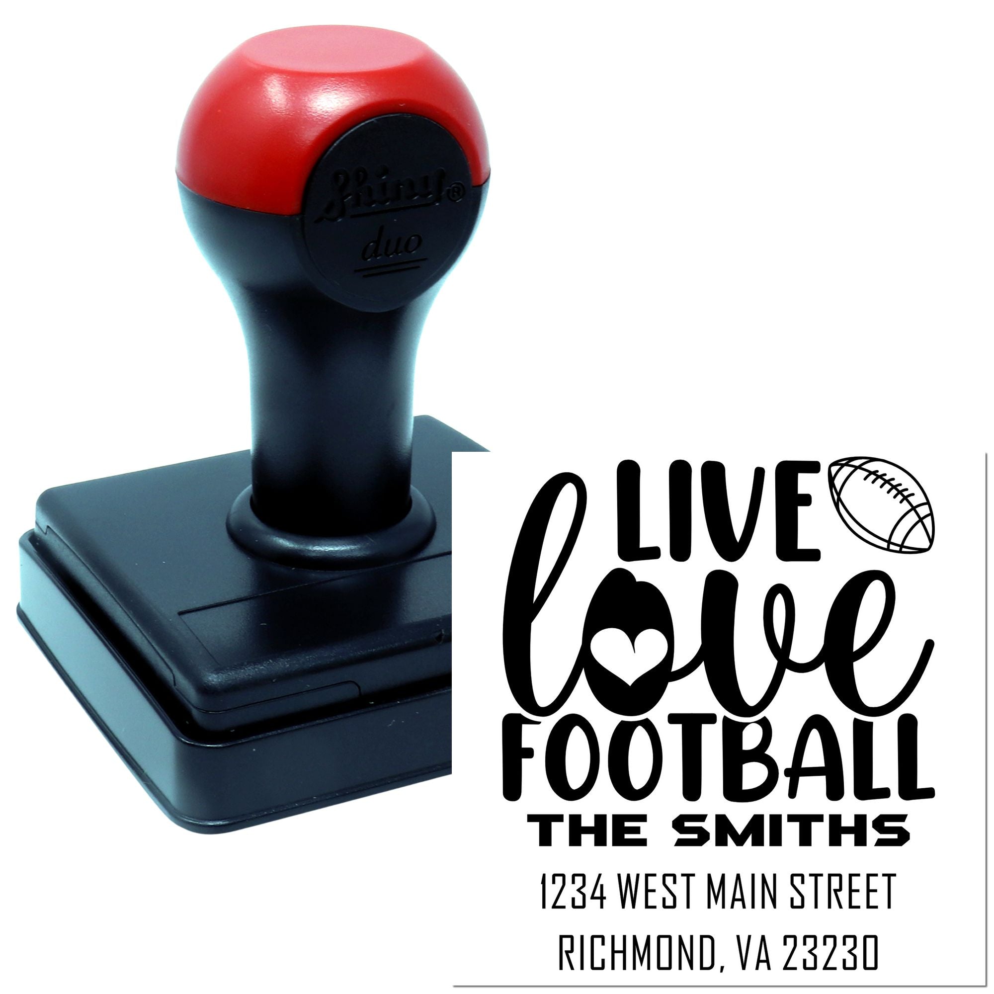 Custom self-inking rubber stamp with Live Love Football address imprint, ideal for personalized football fan stationery.