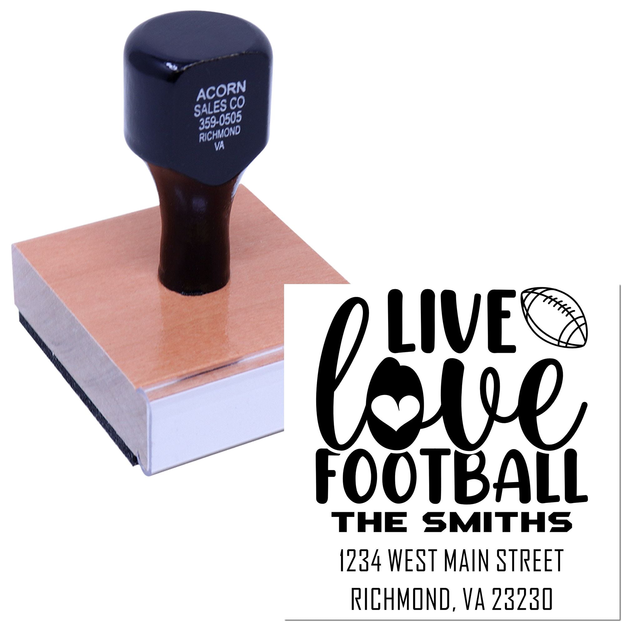 Custom football family rubber stamp with live love football design and personalized address for handmade cards and mail.
