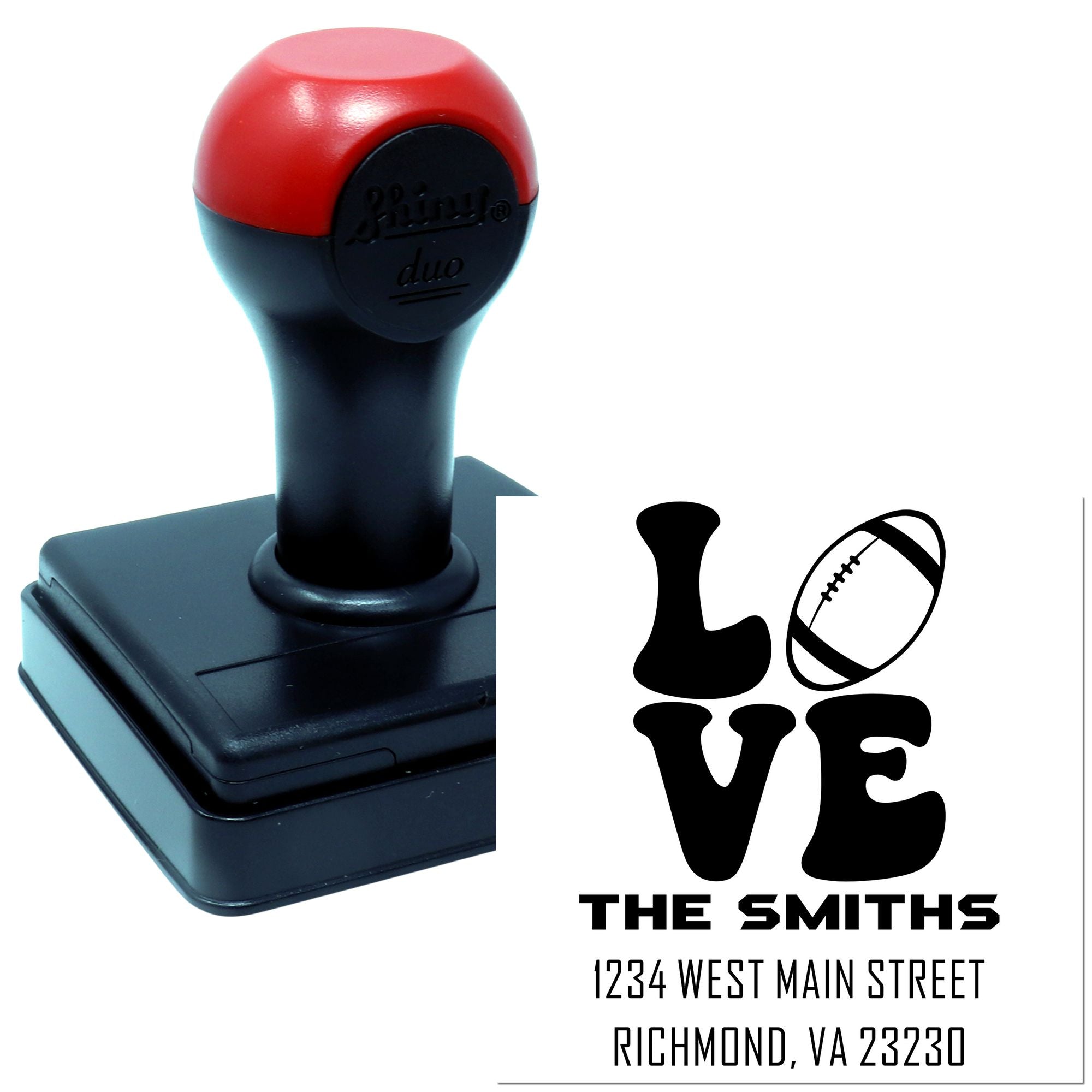 Custom self-inking rubber stamp featuring LOVE THE SMITHS football design and return address for personalized mailing.