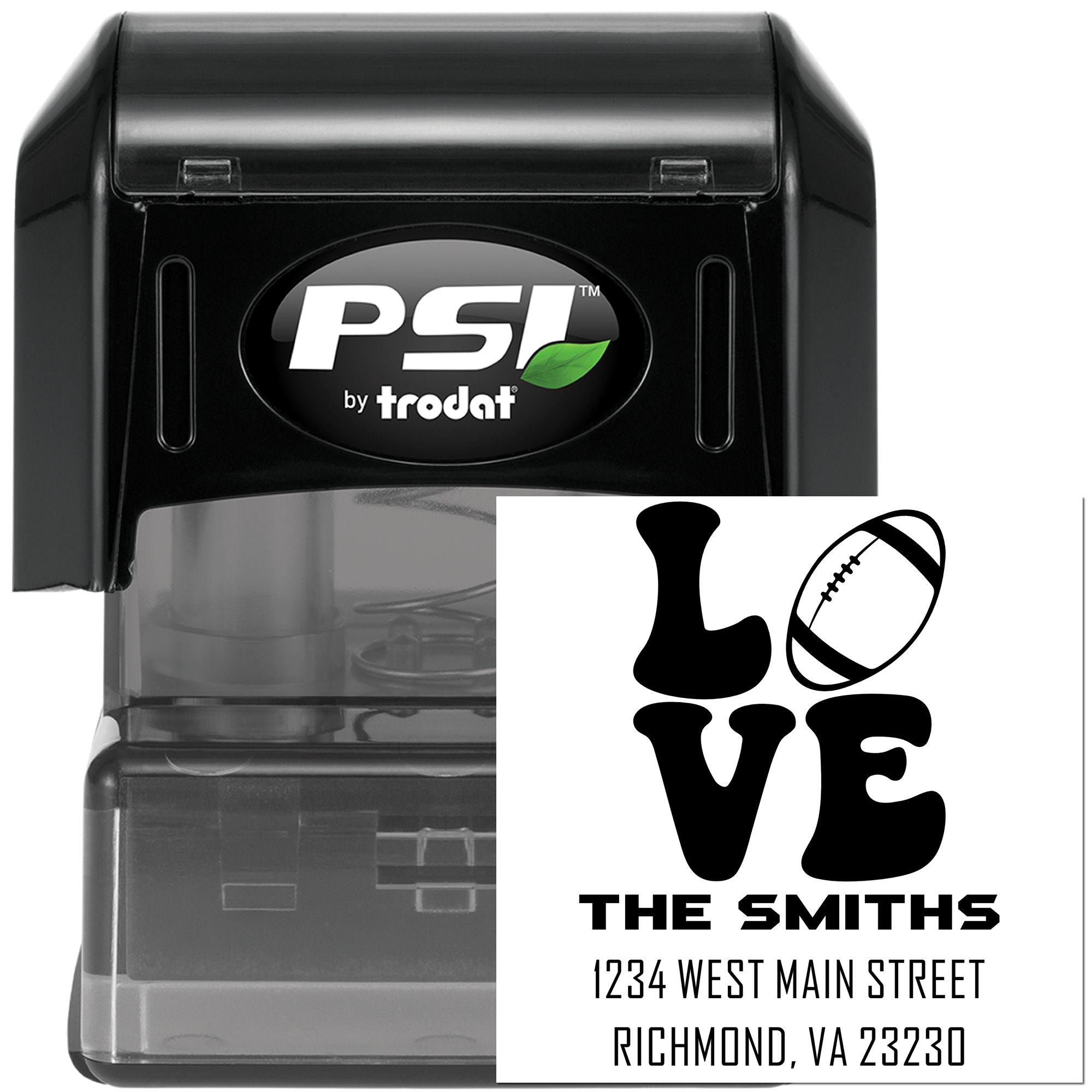 Custom self-inking address rubber stamp by PSI Trodat with football-themed LOVE THE SMITHS imprint.
