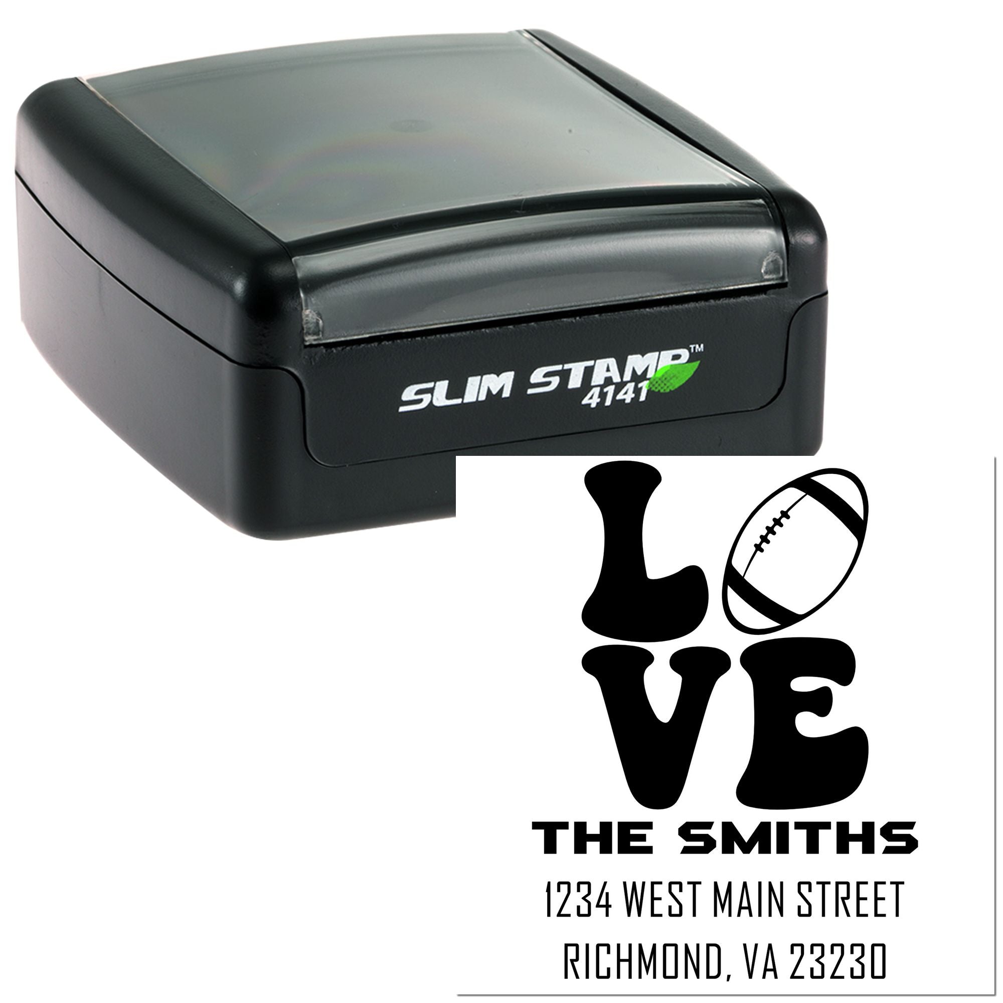 Custom self-inking rubber stamp with Love the Smiths football design and return address for Richmond, VA.