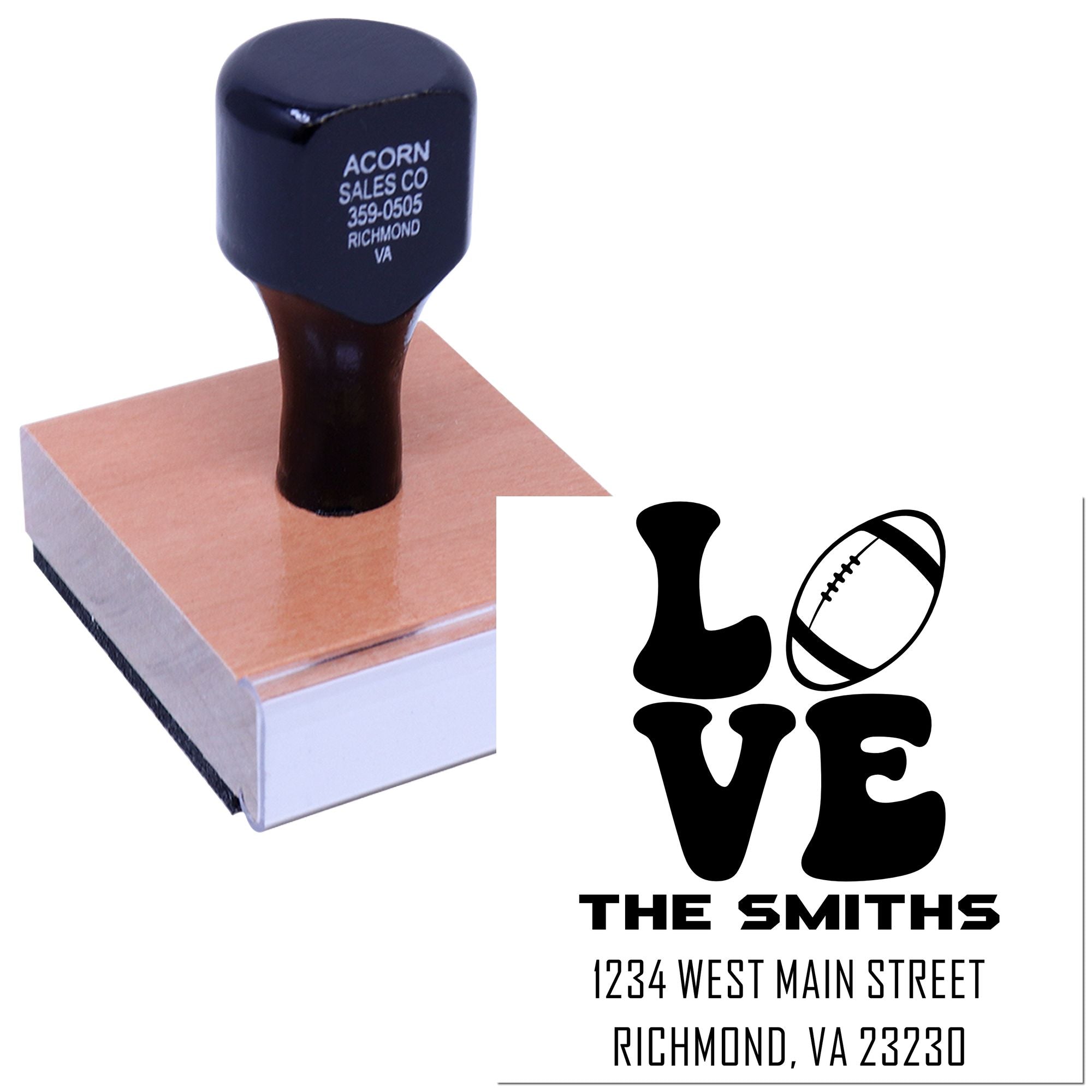 Custom football LOVE address rubber stamp for The Smiths, Richmond, VA 23230