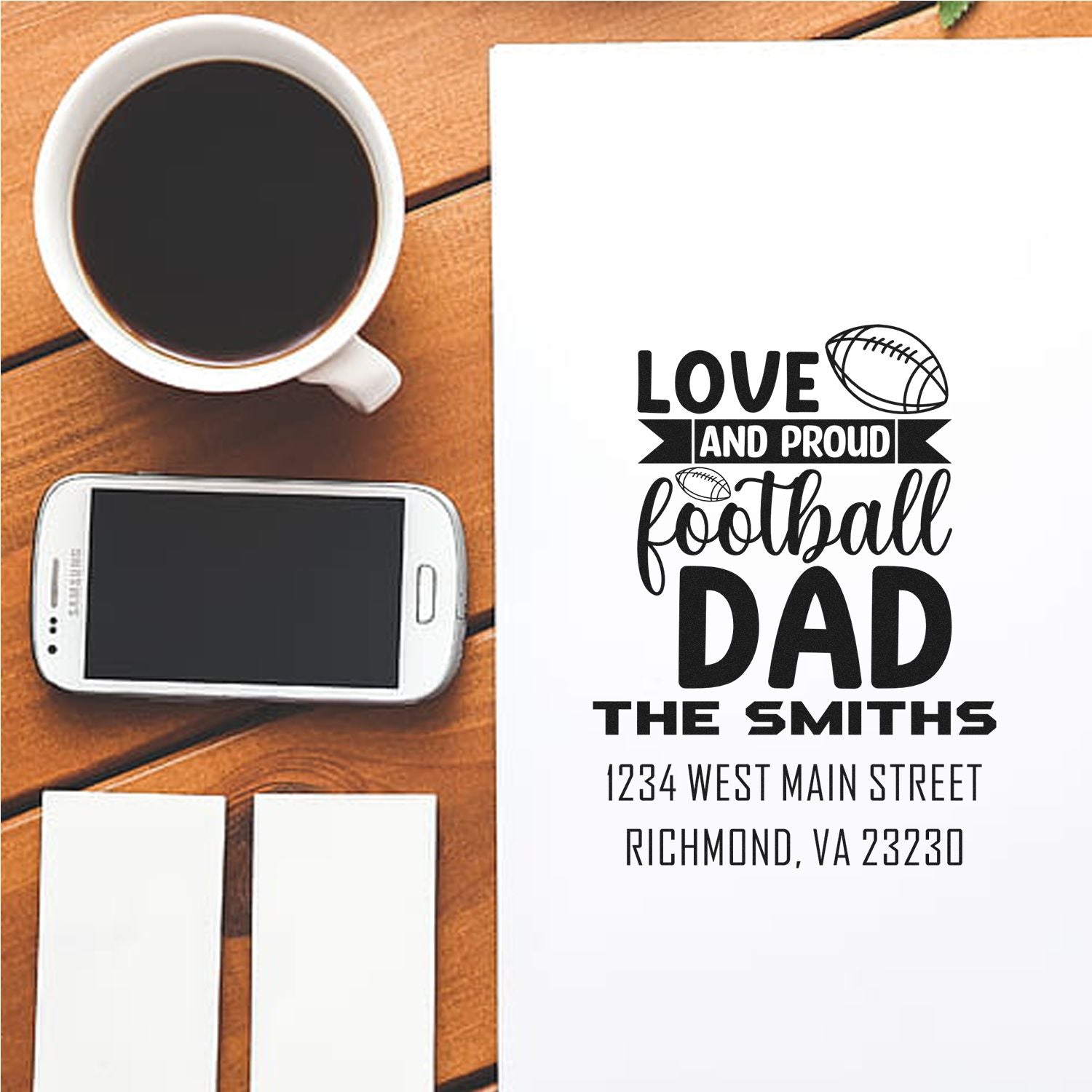 Personalized football dad rubber stamp design with family name and address for custom envelopes.