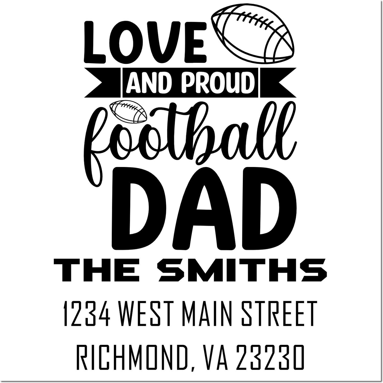 Custom football dad return address rubber stamp with football design, family name, and Richmond, VA address.
