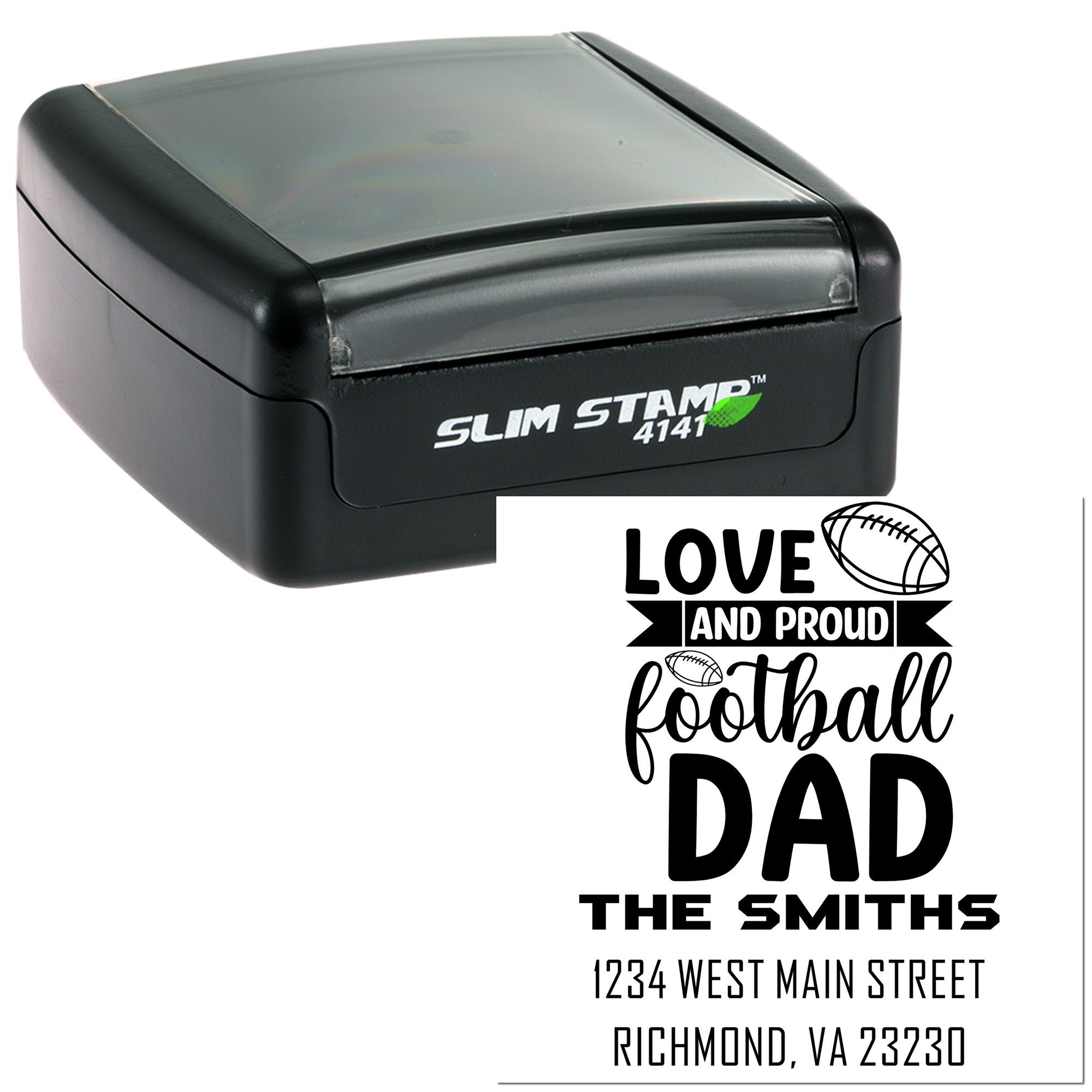 Personalized football dad self-inking rubber stamp with family name and address for custom sports-themed mail, gifts, and crafts