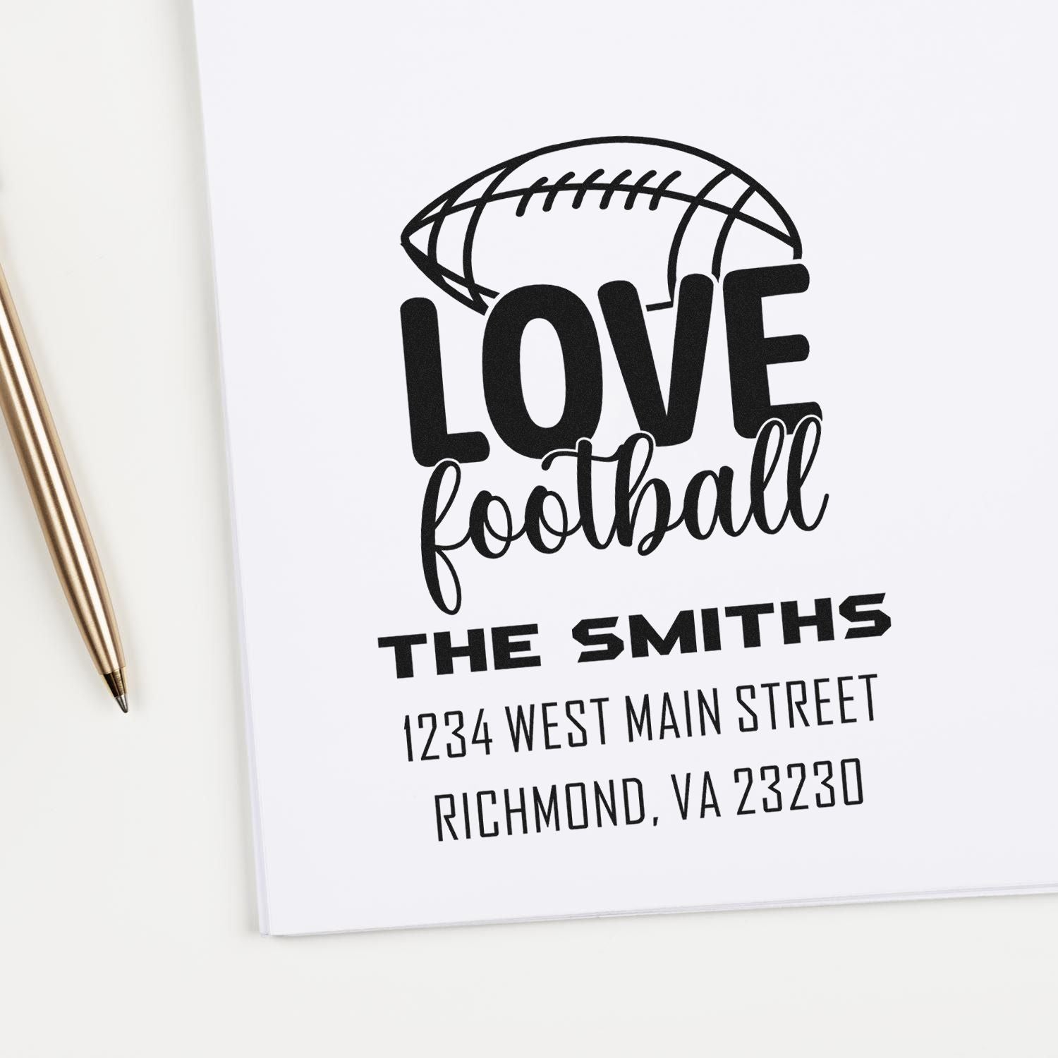 Personalized football love return address rubber stamp with family name and custom address for sports fan stationery.