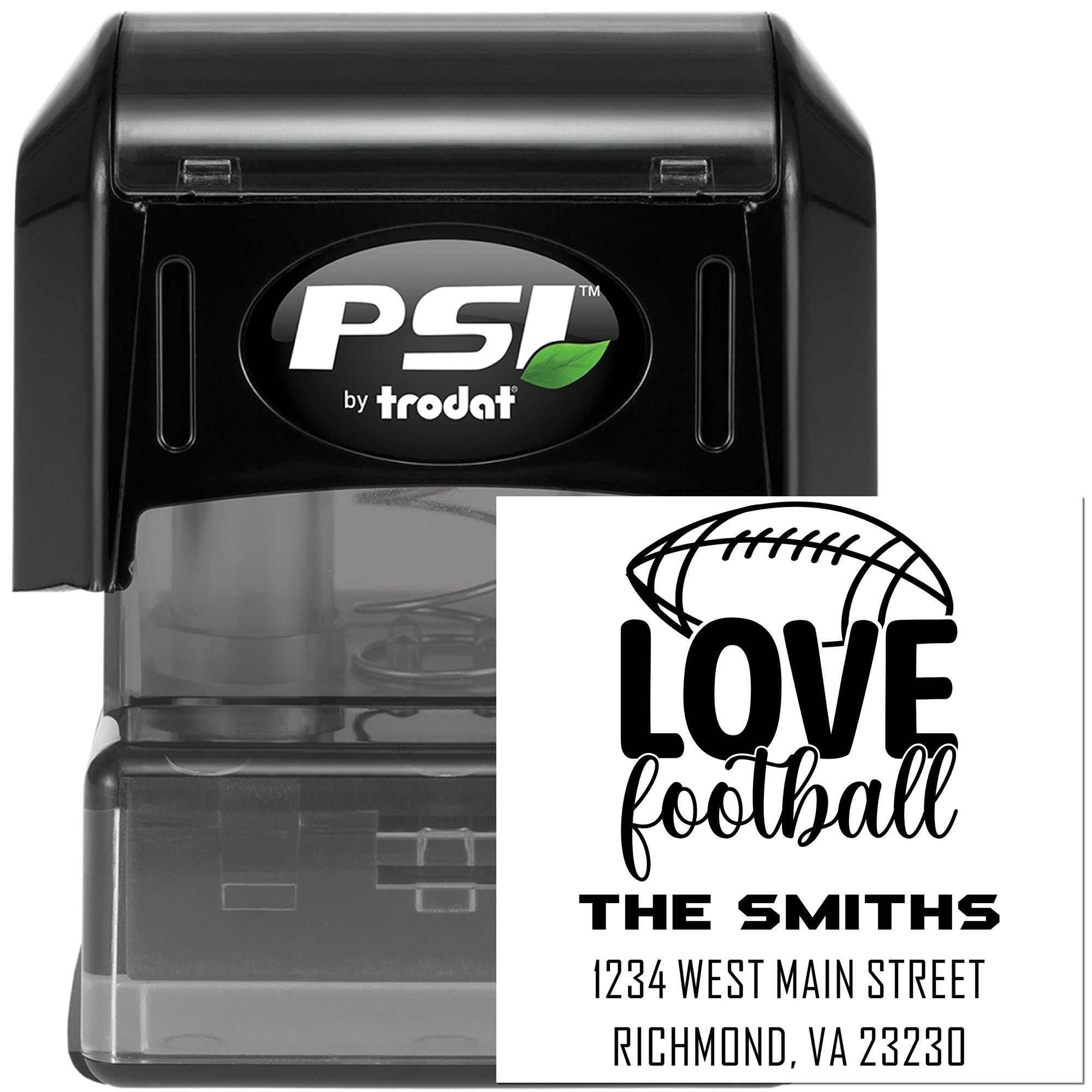 PSI by Trodat self-inking rubber stamp with custom football love design and return address for The Smiths, Richmond, VA.
