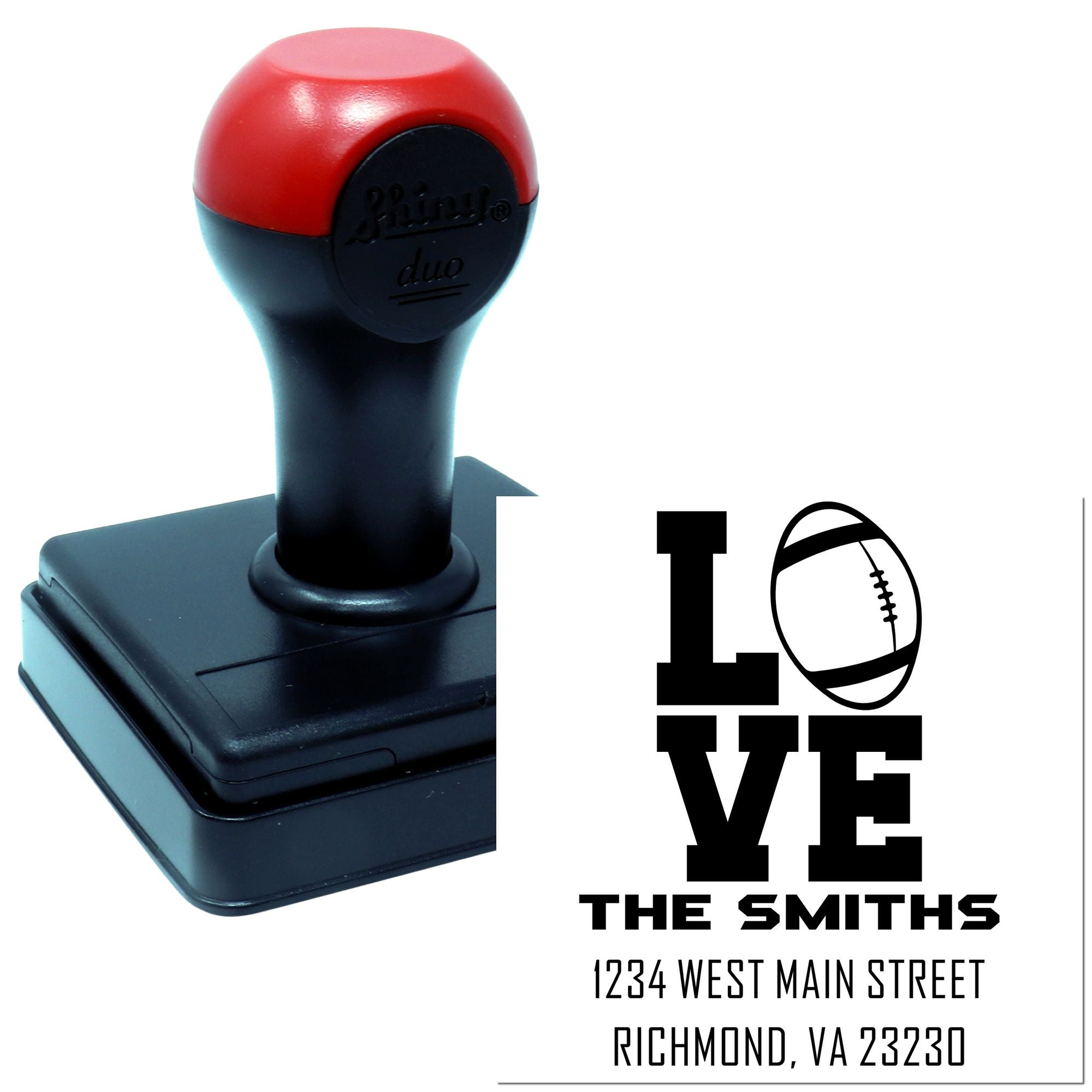 Custom self-inking rubber address stamp with football LOVE design for The Smiths.