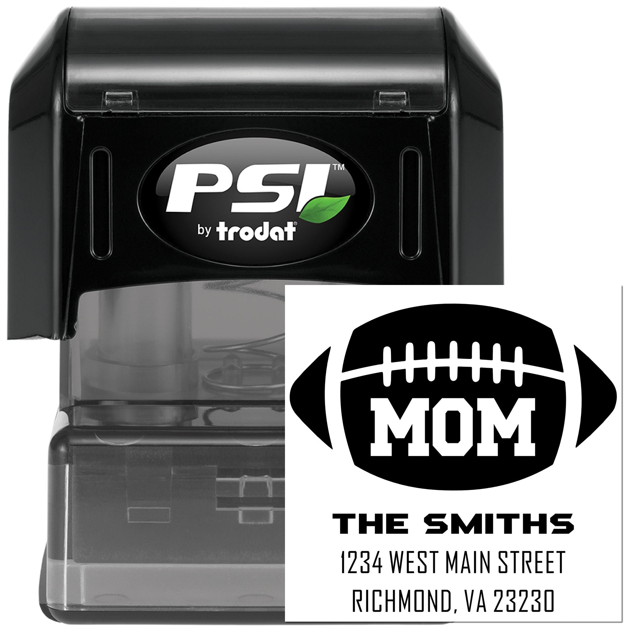 Custom PSI by Trodat self-inking rubber stamp with football mom return address design for personalized mailings.