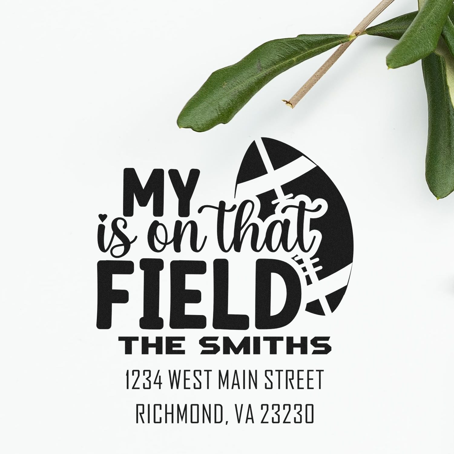 Personalized football field rubber stamp with family name and address for custom return address labels.