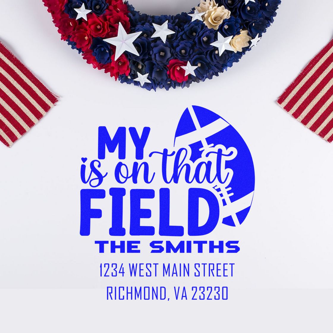 Personalized rubber stamp for The Smiths with football-themed address and Richmond, VA 23230.