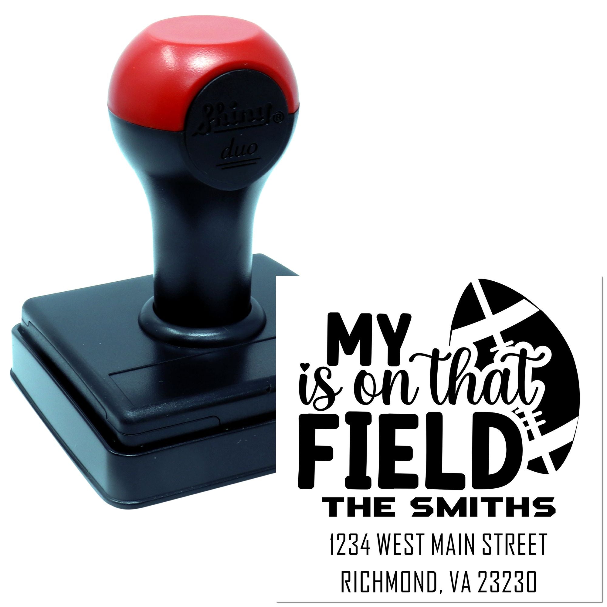 Custom self-inking rubber stamp with baseball-themed family address design for The Smiths, ideal for personalized mailing.