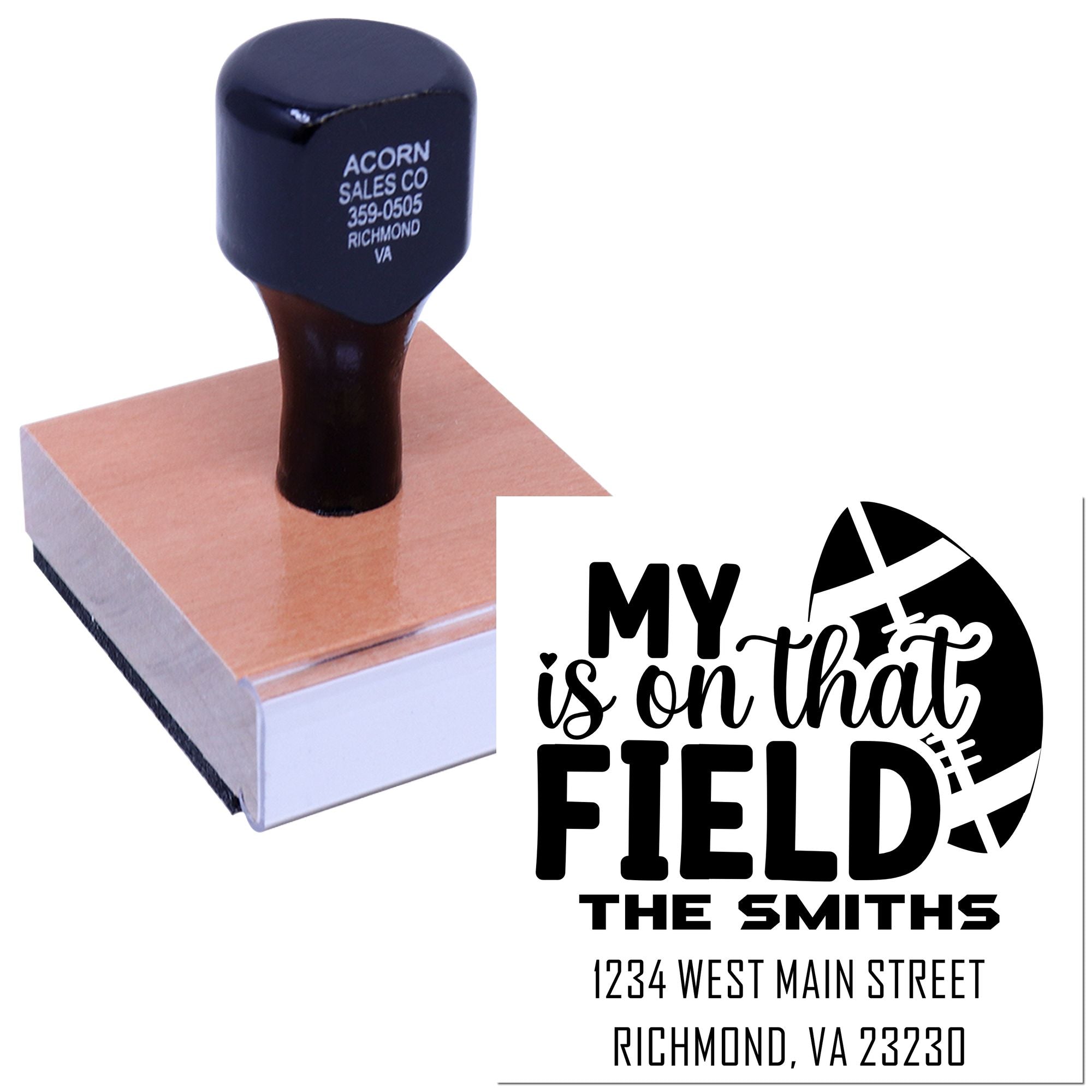 Personalized football-themed address rubber stamp for family mailing and custom return address use.
