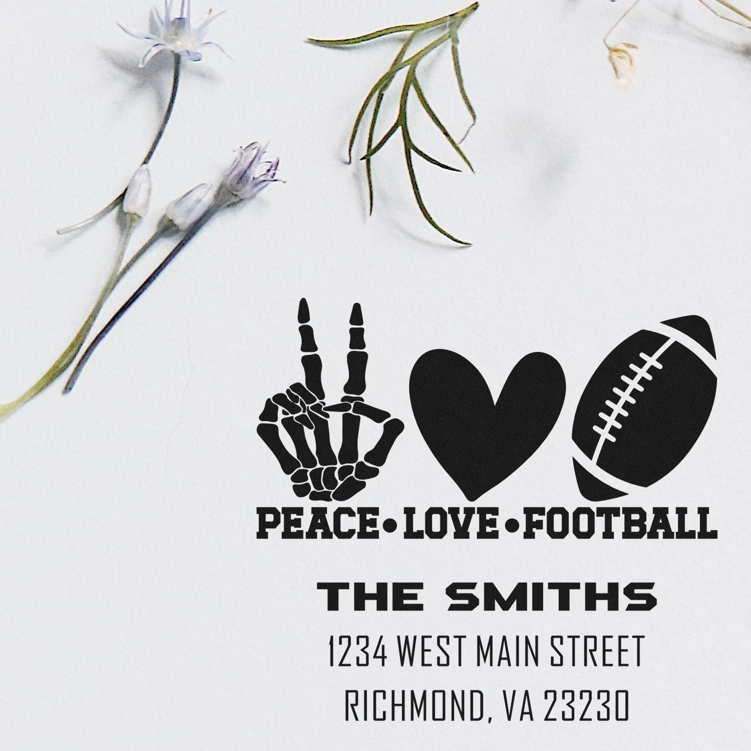 Custom rubber stamp with peace, love and football design, personalized family address stamp for The Smiths in Richmond, VA.