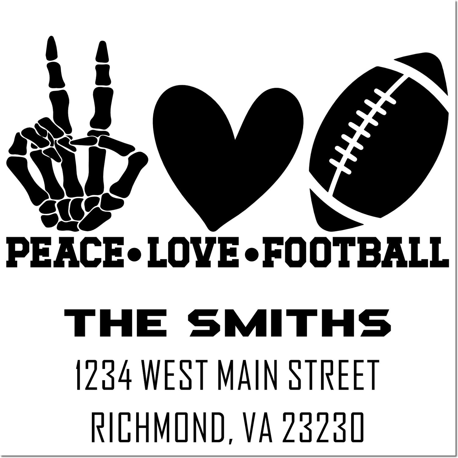 Personalized Smiths family address rubber stamp with skeleton peace sign, heart, and football design.