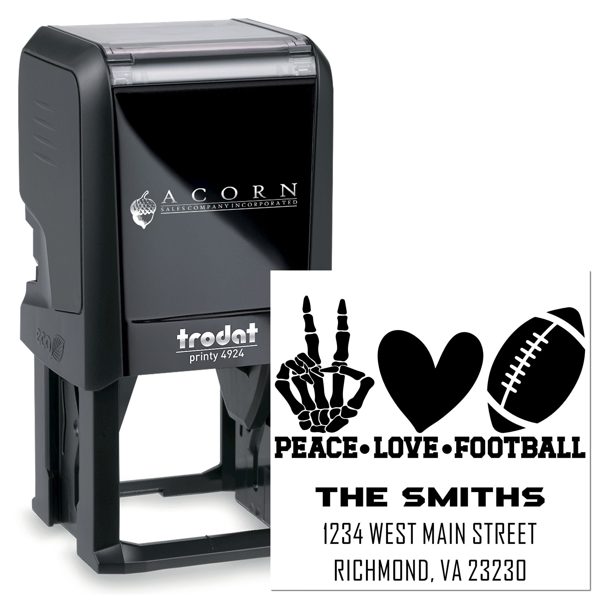 Custom self-inking rubber stamp with personalized Peace Love Football address design for The Smiths, ideal for mailing labels.