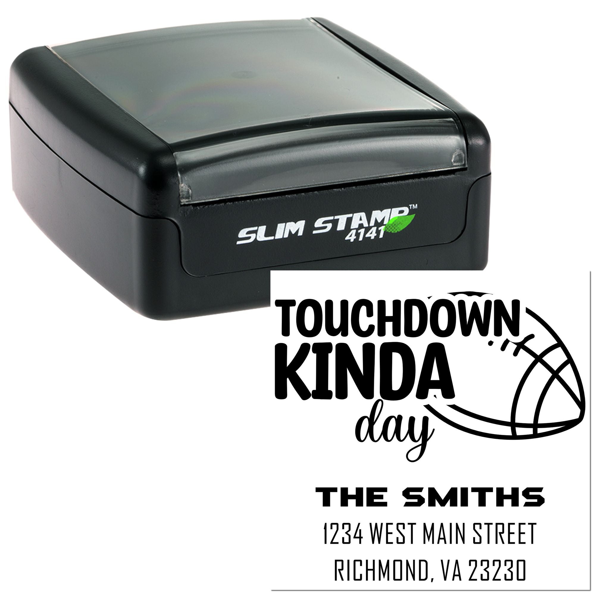 Custom self-inking rubber address stamp with football-themed Touchdown Kinda Day design for The Smiths.