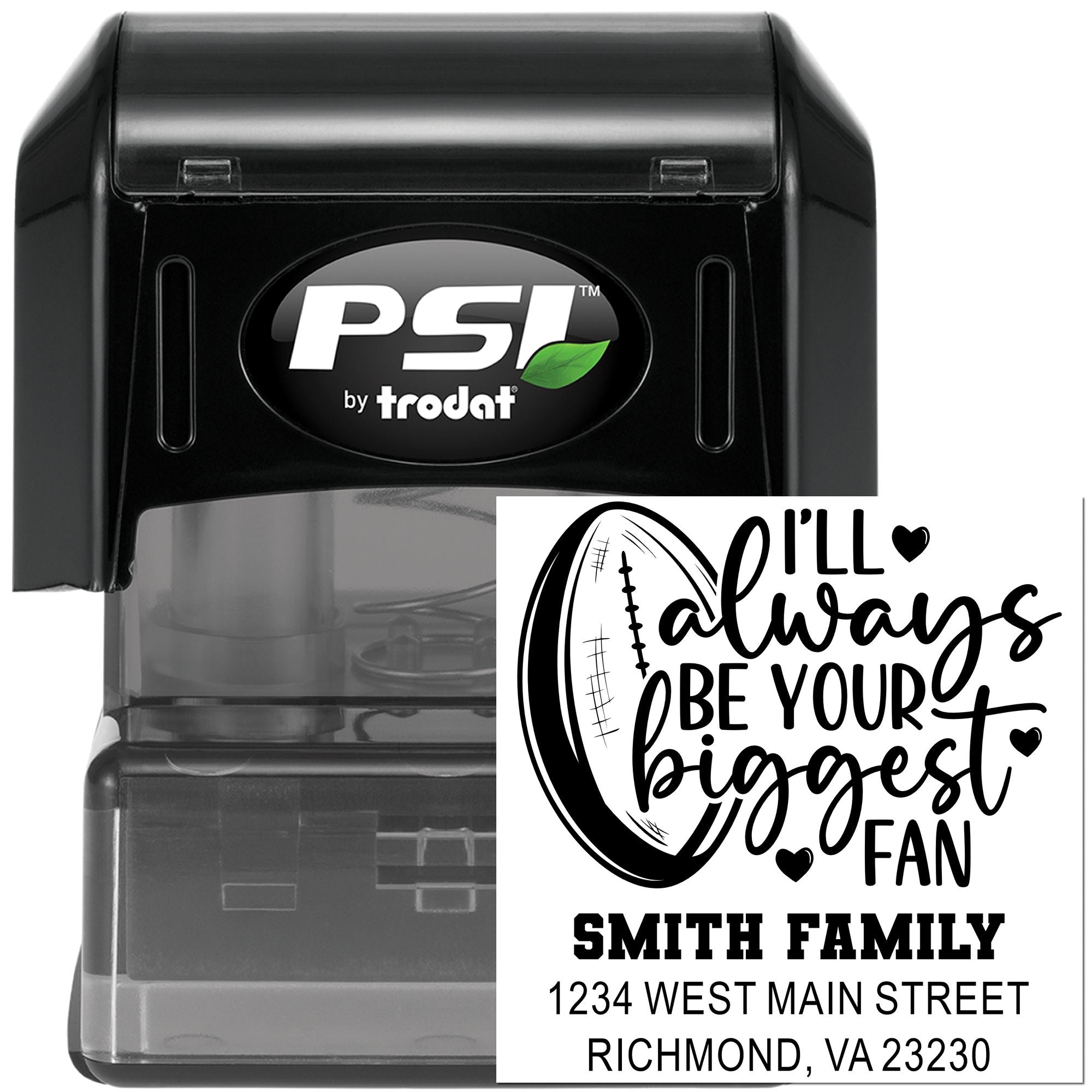 Custom self-inking rubber stamp with football fan message and Smith Family address for personalized return mail.