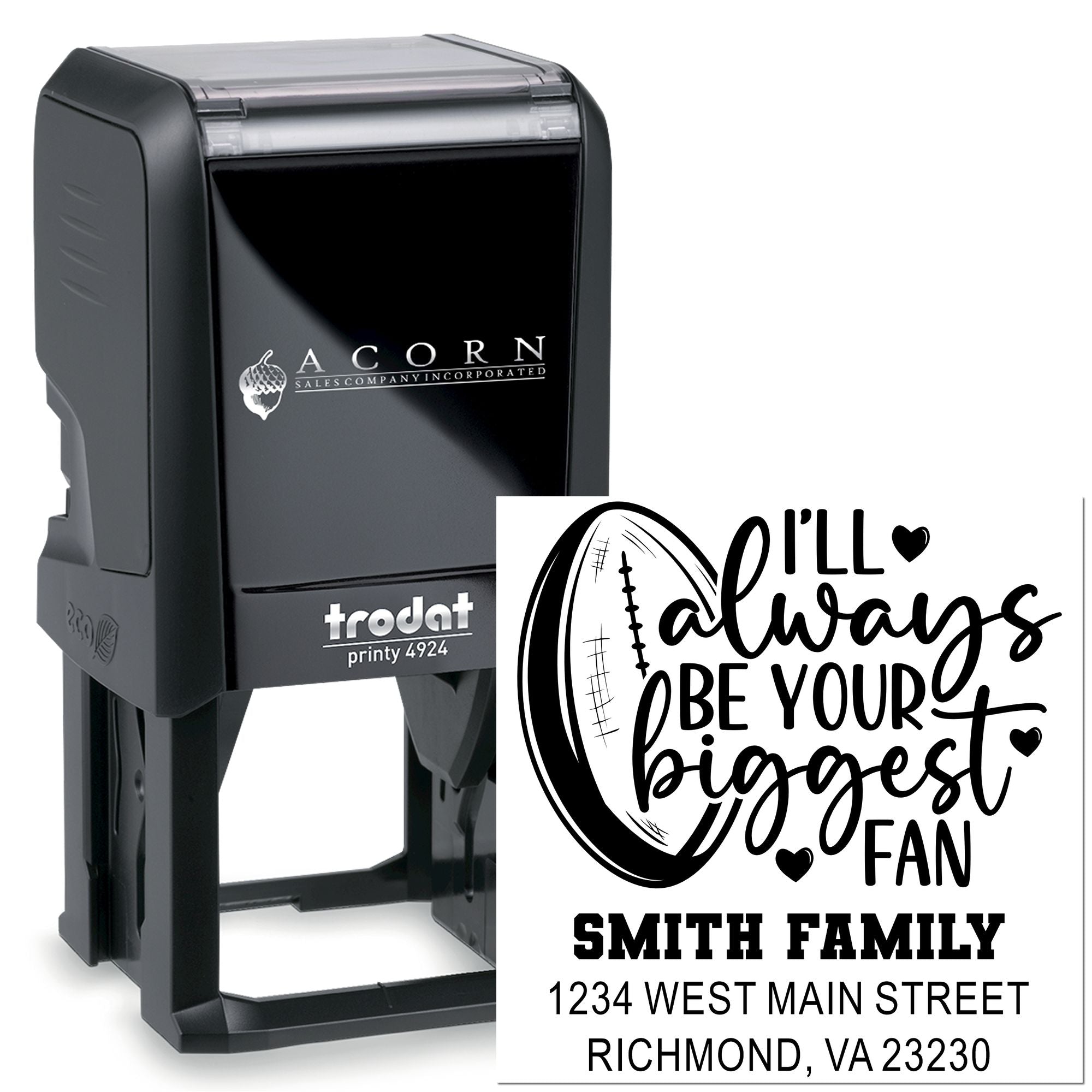 Custom self-inking rubber stamp with football fan return address design, Smith Family name, and personalized home address.