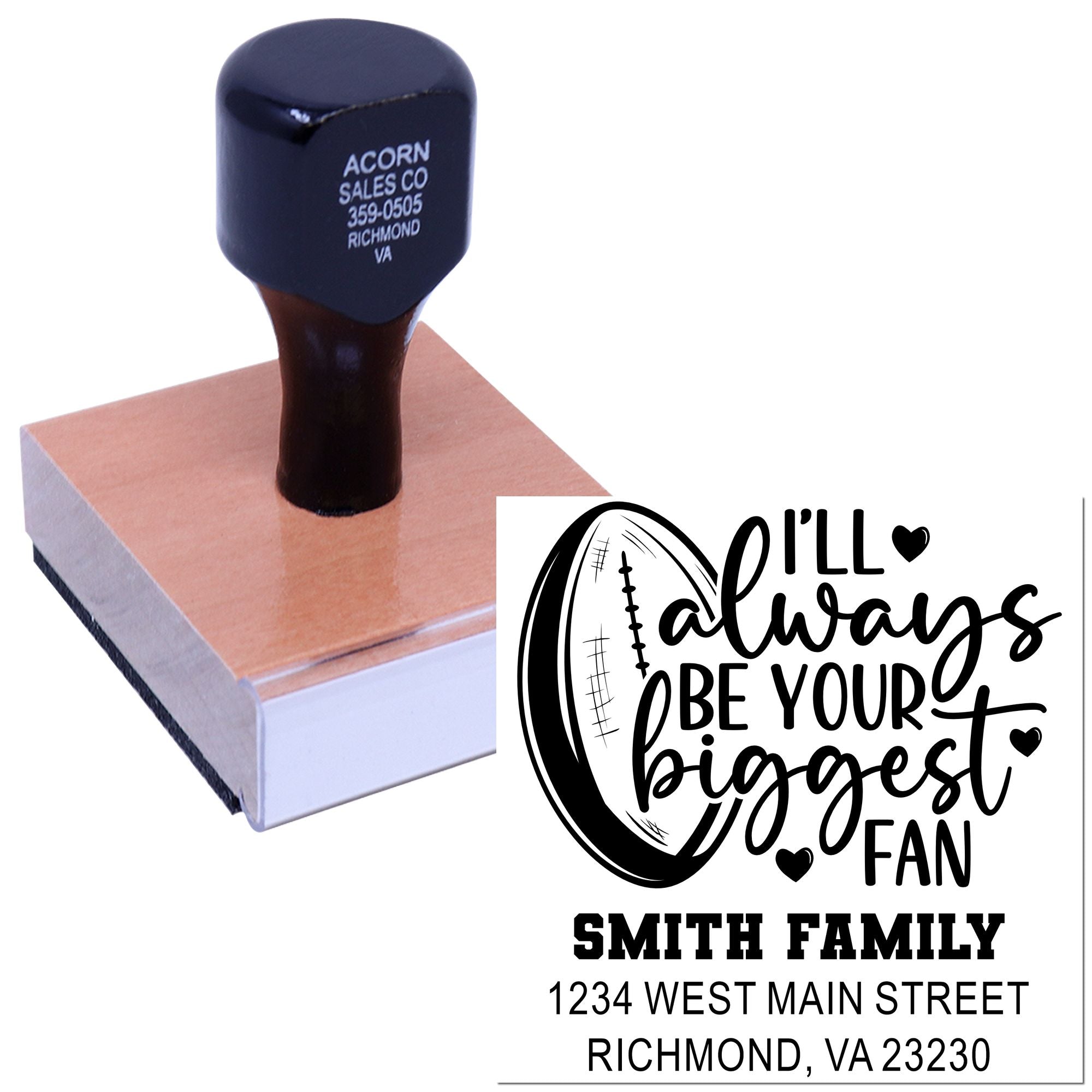 Personalized football fan rubber stamp with family name and return address for custom mail and stationery.