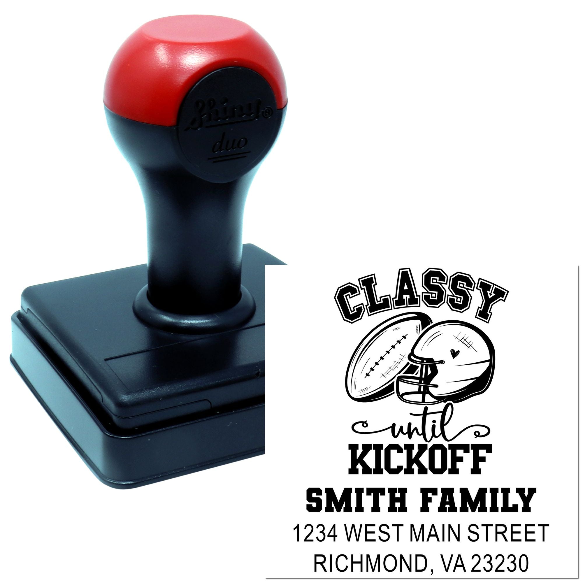 Custom self-inking rubber stamp with football design and family return address for game-day invitations and tailgate mailings.