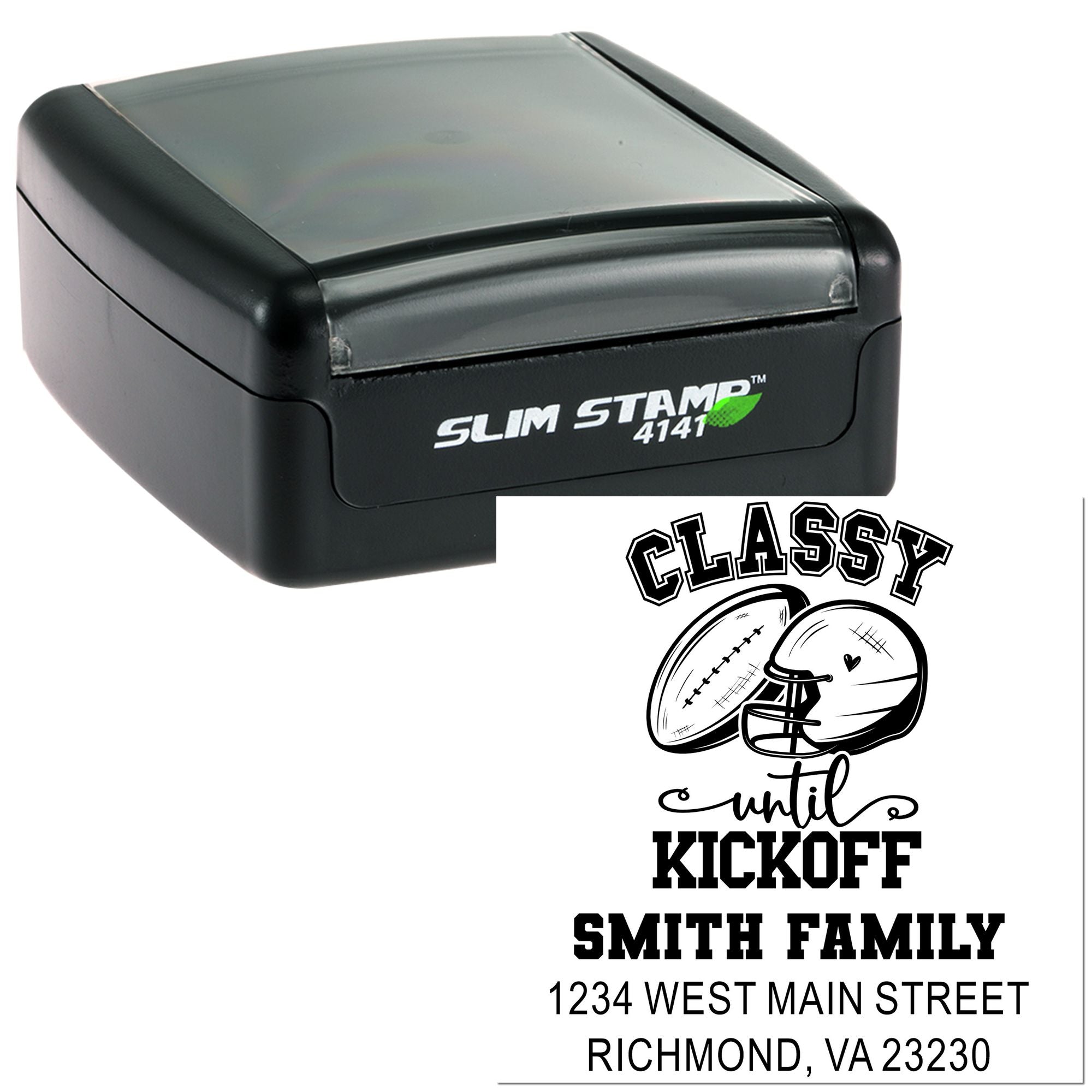Personalized football-themed address stamp for the Smith family, with Classy until kickoff and custom return address.
