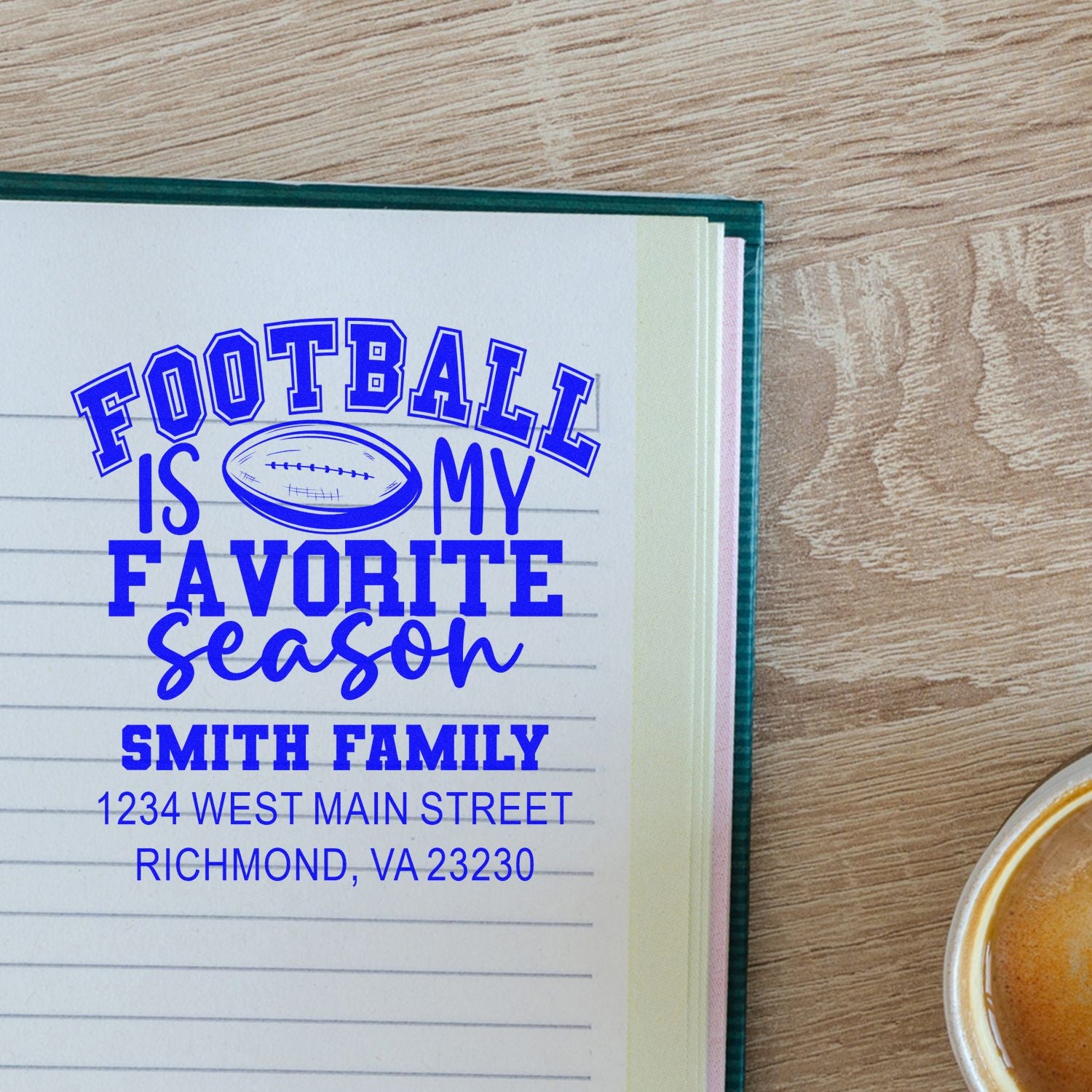 Custom football is my favorite season rubber stamp with family name and address for personalized stationery and return mail.