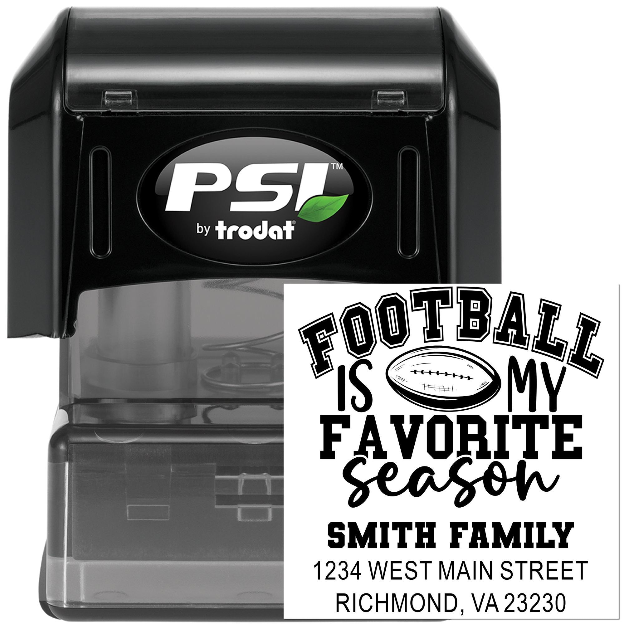 Custom football-themed self-inking rubber stamp by PSI Trodat with personalized family name and address.