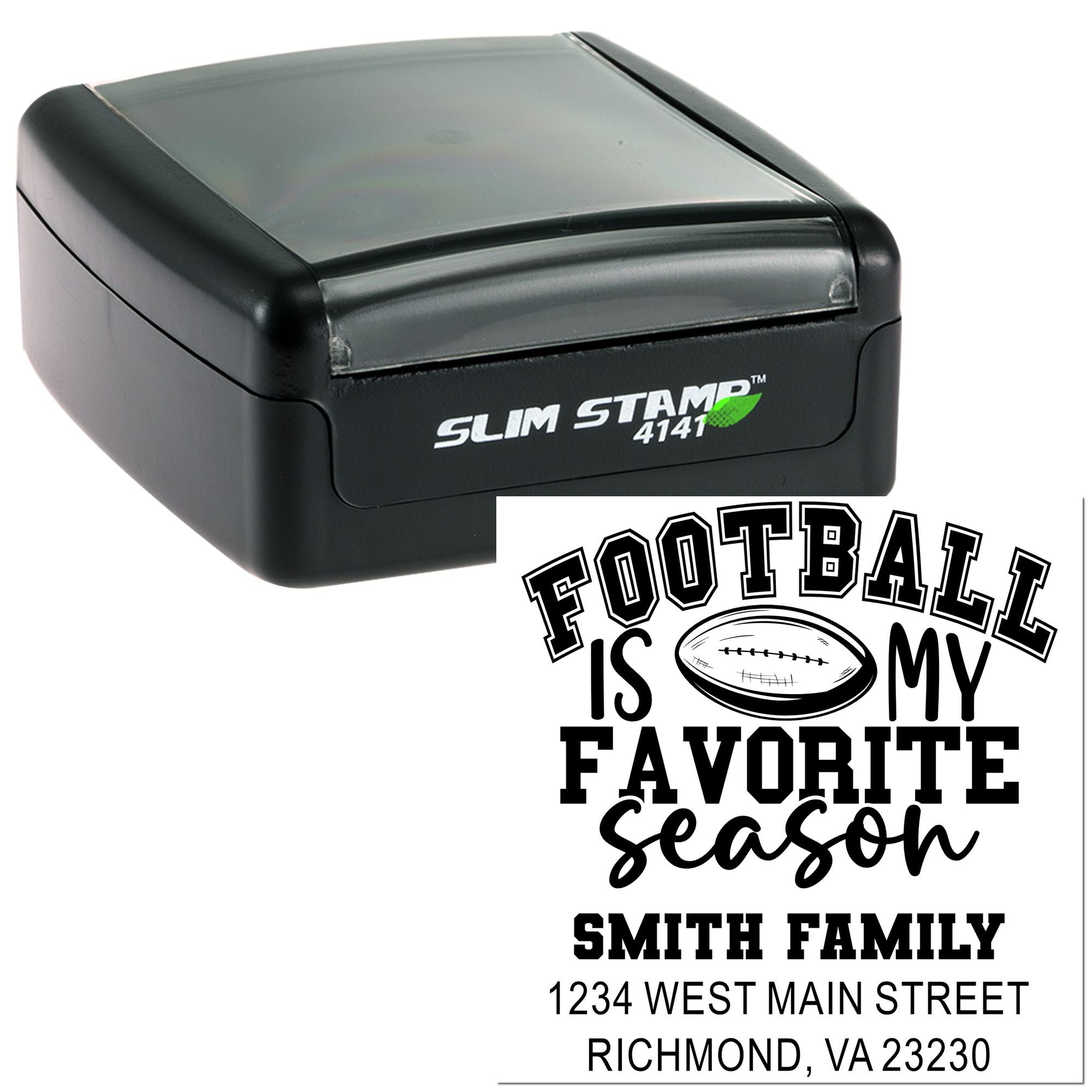 Black Slim Stamp 4141 custom football return address rubber stamp with Smith family address and sports-themed imprint