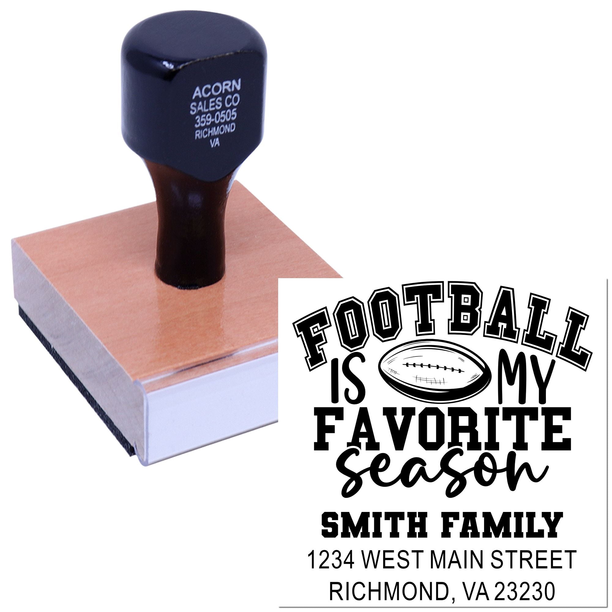 Personalized football season rubber stamp with family name and return address, featuring a football design.