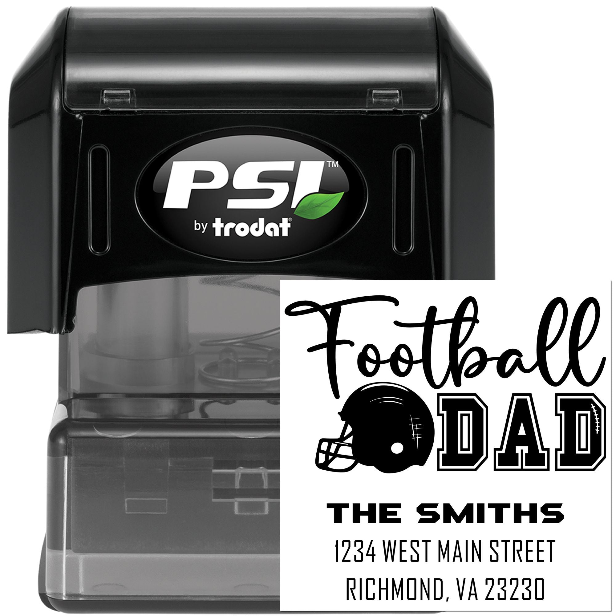 PSI by Trodat custom self-inking rubber stamp with football dad design, personalized family address stamp for mail and gifts.