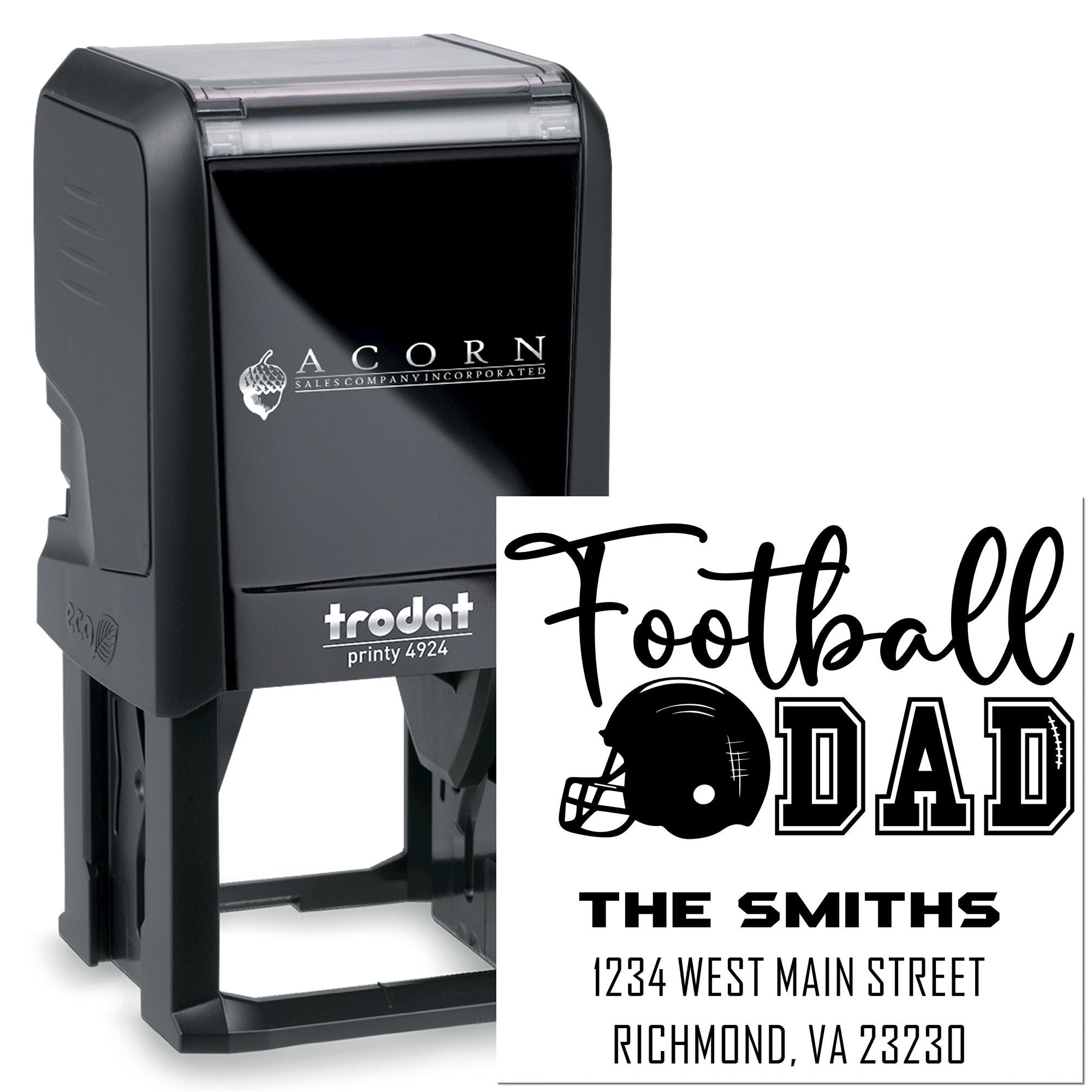 Custom self-inking football dad address stamp with Trodat Printy 4924 and personalized return address design.