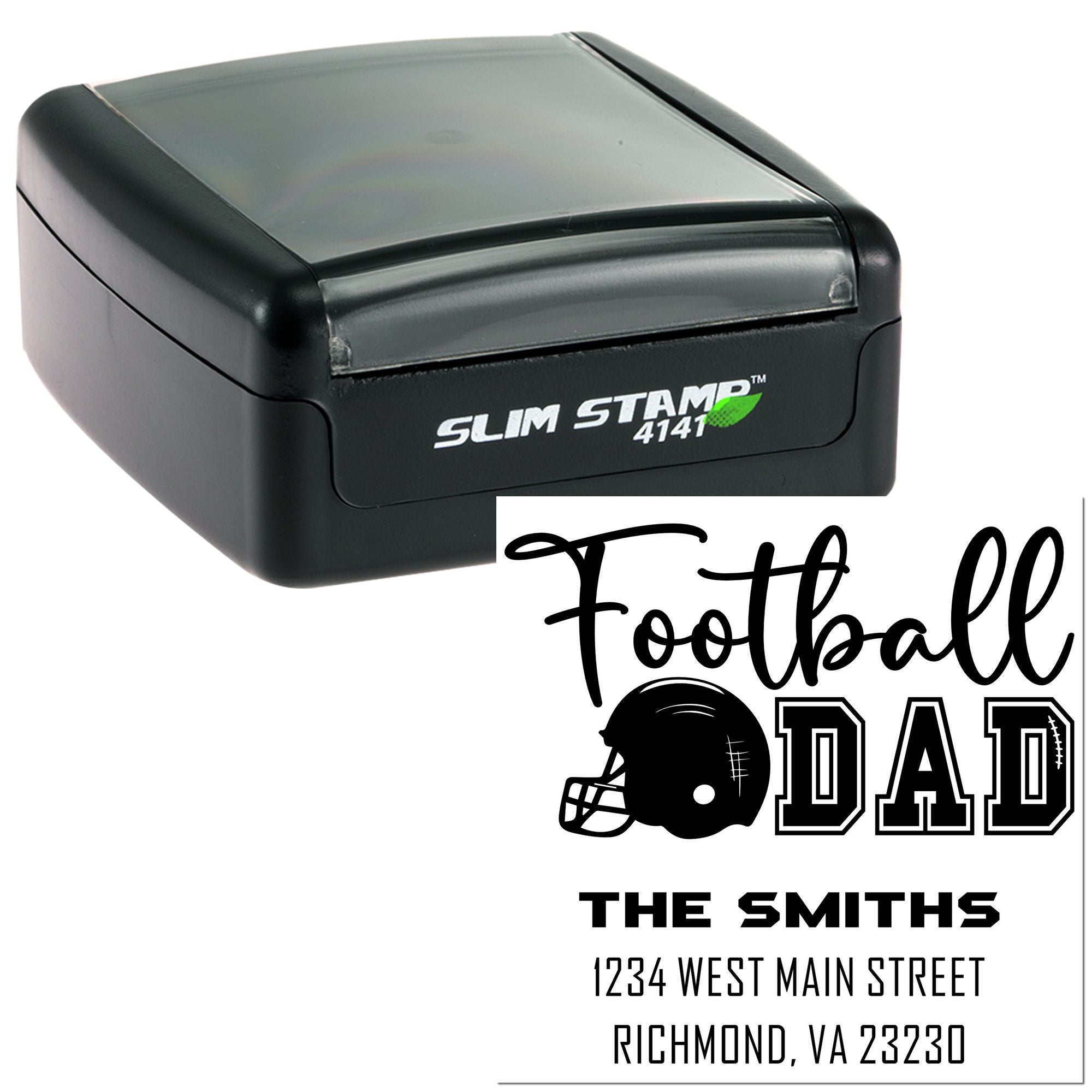 Custom football dad rubber stamp with family name and address, shown with Slim Stamp case and personalized imprint design.