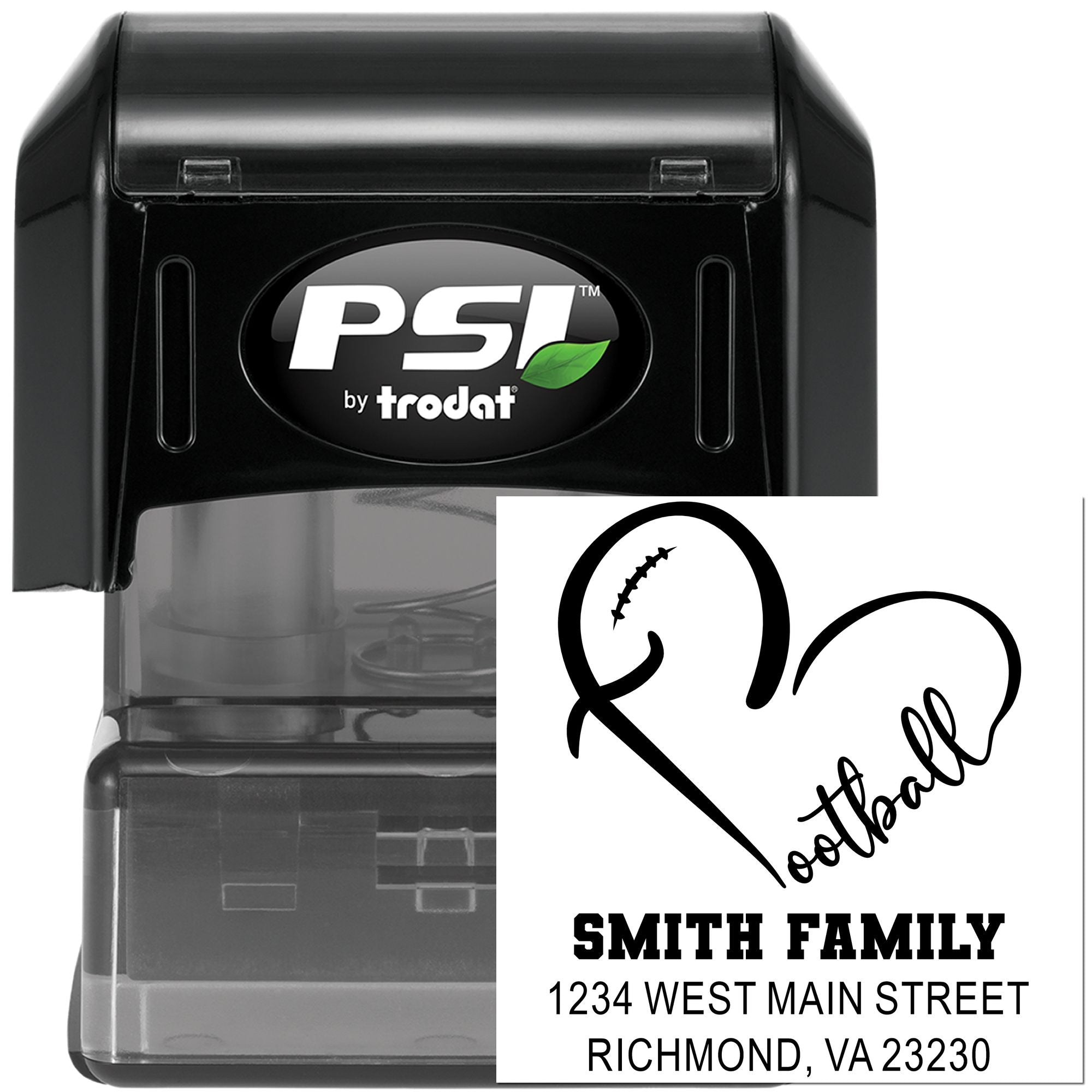 PSI by Trodat self-inking custom address rubber stamp with Smith family football heart logo return address