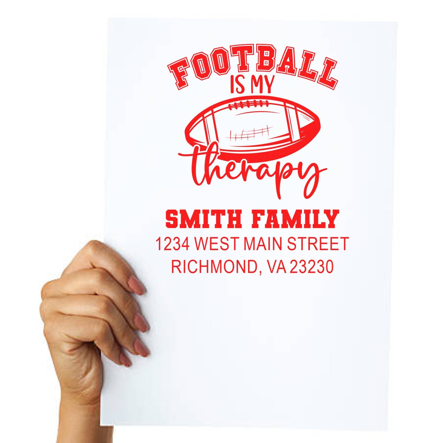 Custom football is my therapy rubber stamp with personalized family name and address for sports-themed stationery.