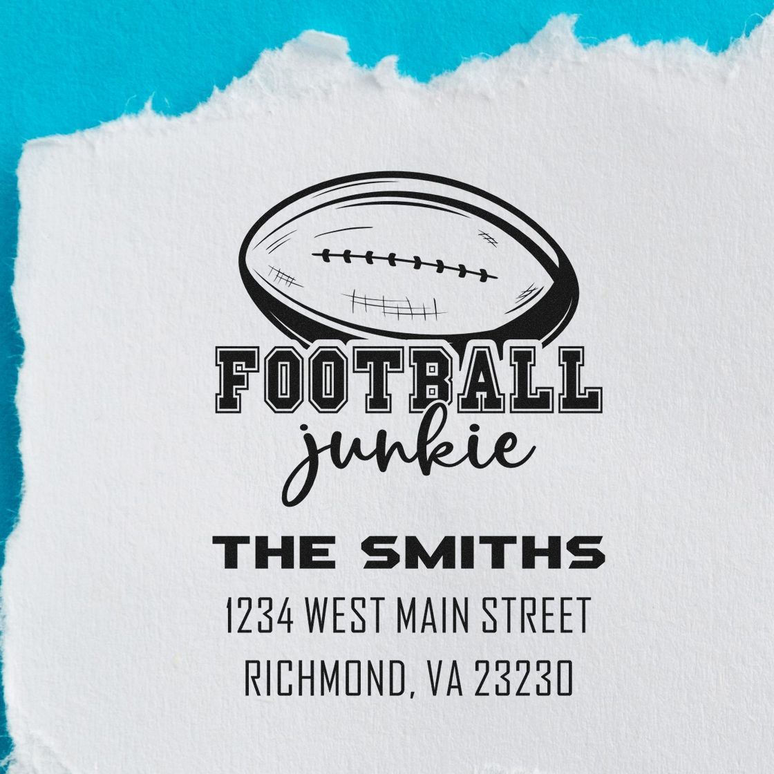 Custom football rubber stamp with Football Junkie, The Smiths, and address details for personalized mailing or branding.