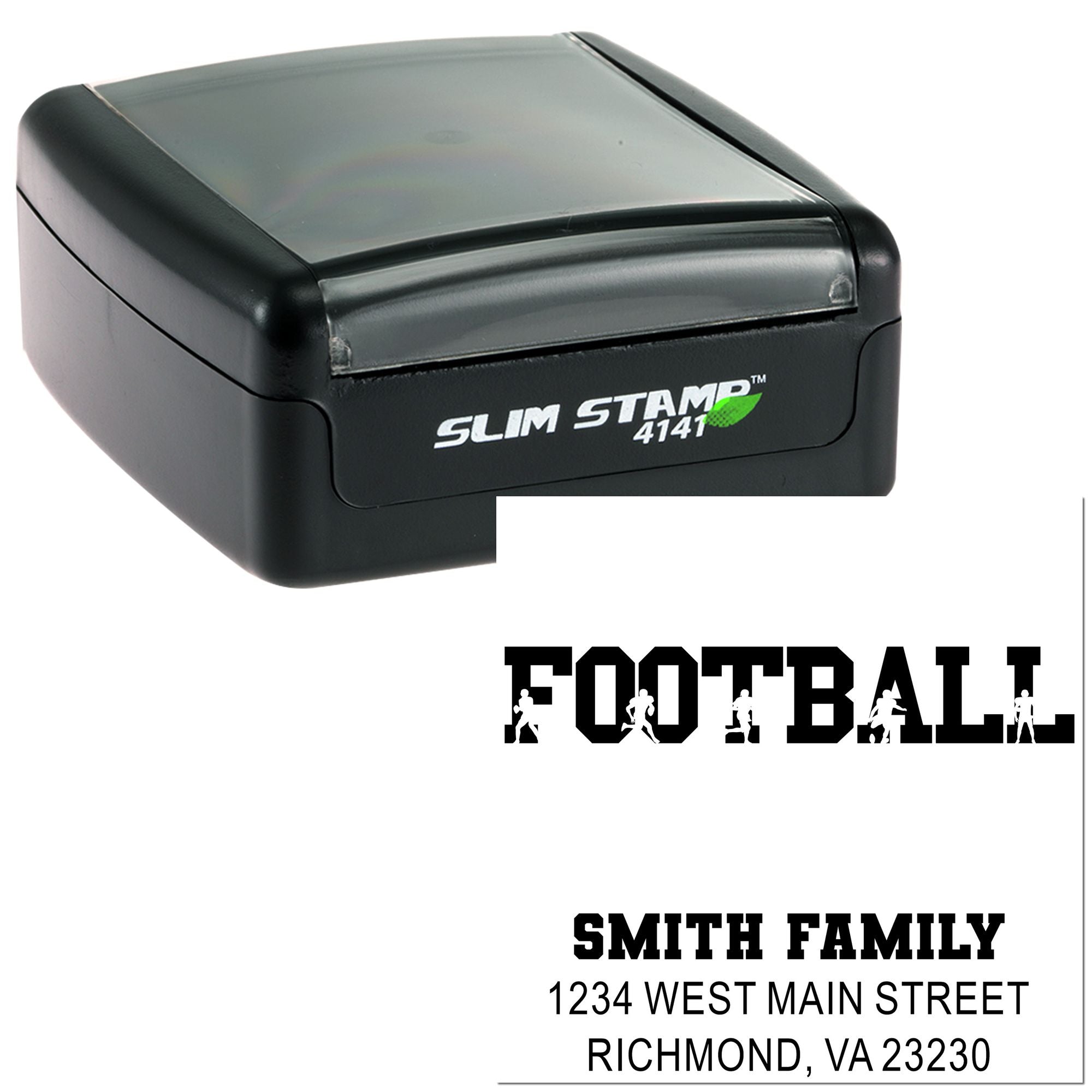 Custom football family address rubber stamp with Slim Stamp 4141 self-inking case and sample imprint.