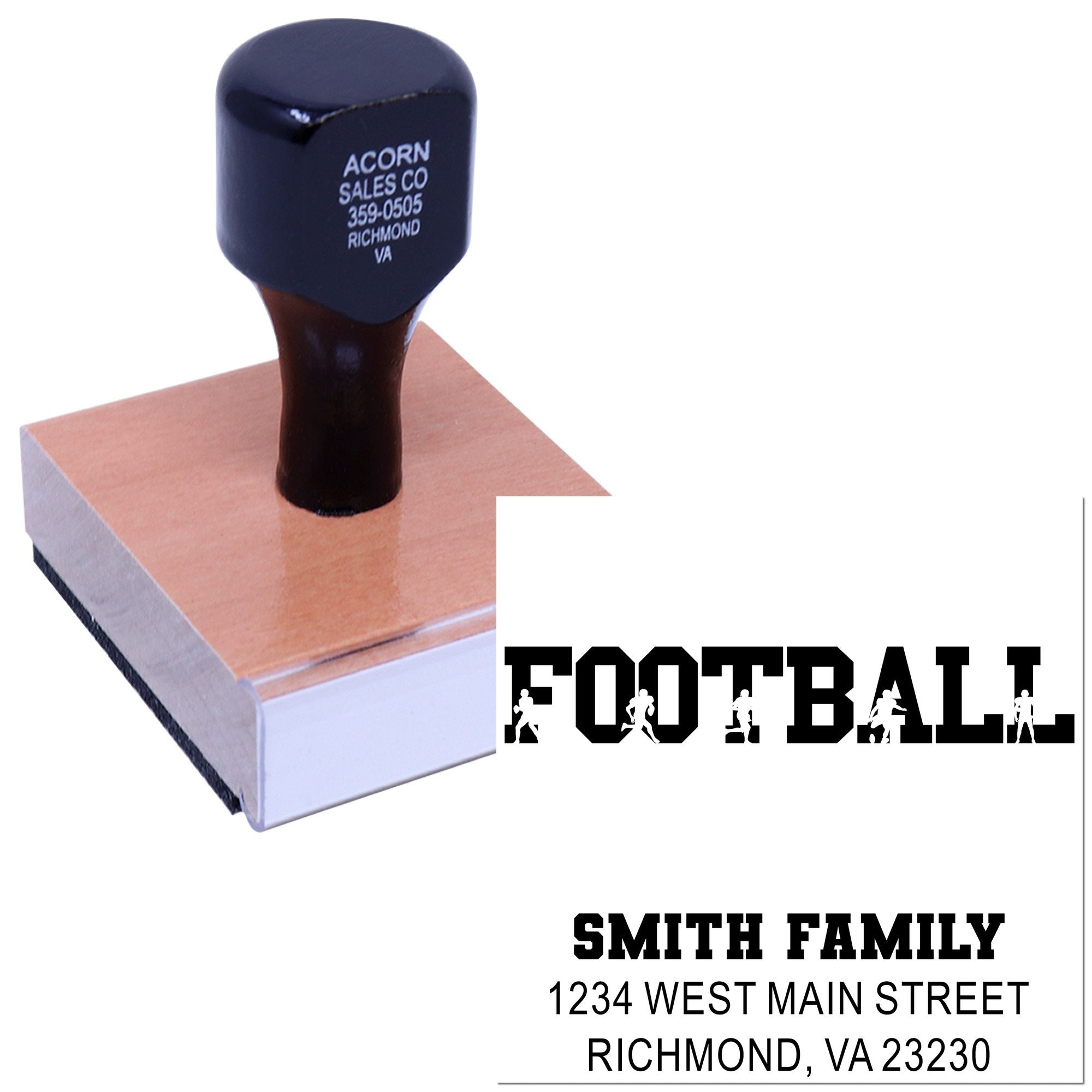 Custom football rubber stamp with Smith Family address, ideal for personalized return mail, sports fans, and home use.