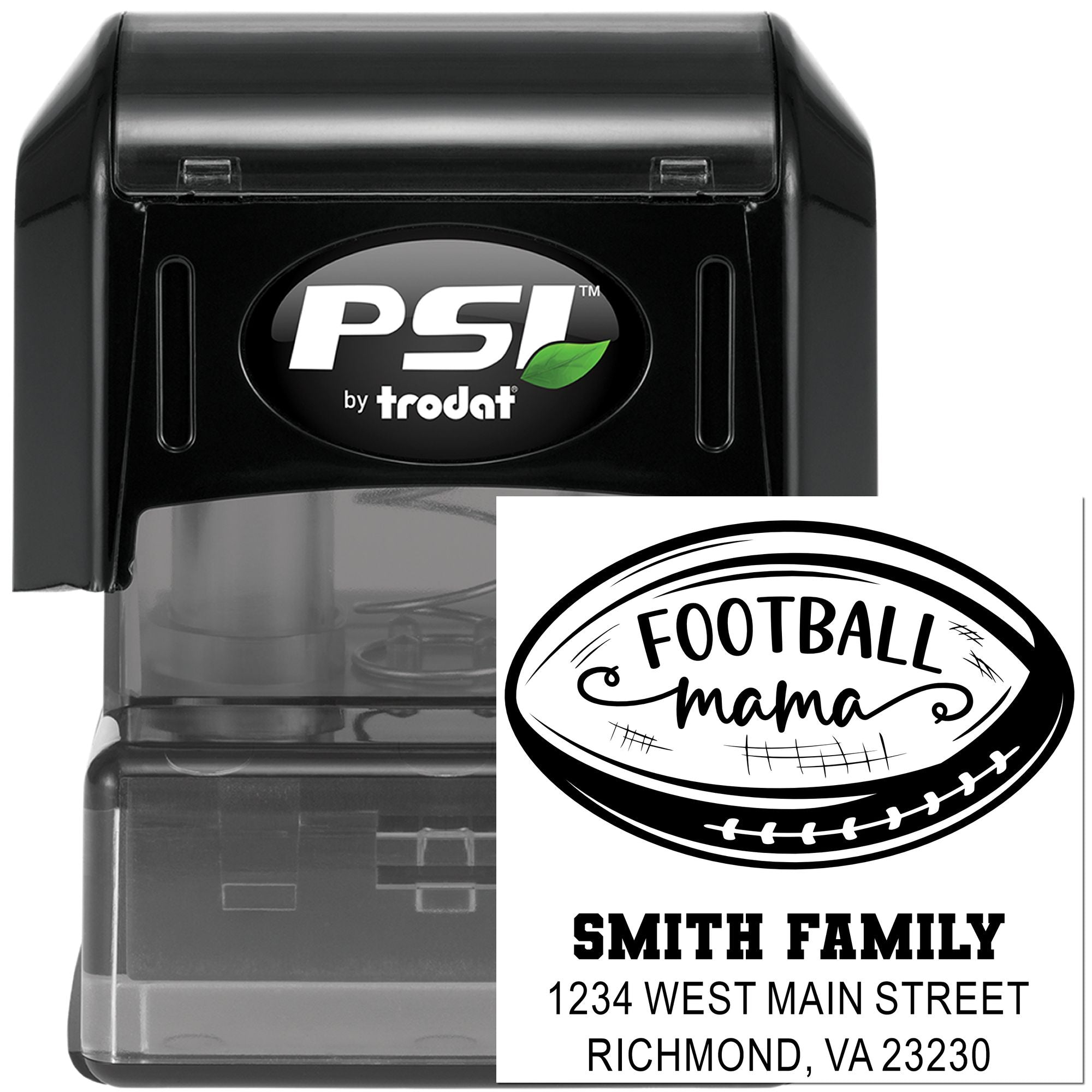 PSI by Trodat self-inking rubber stamp with Football Mama design and custom Smith family address for personalized mailings.