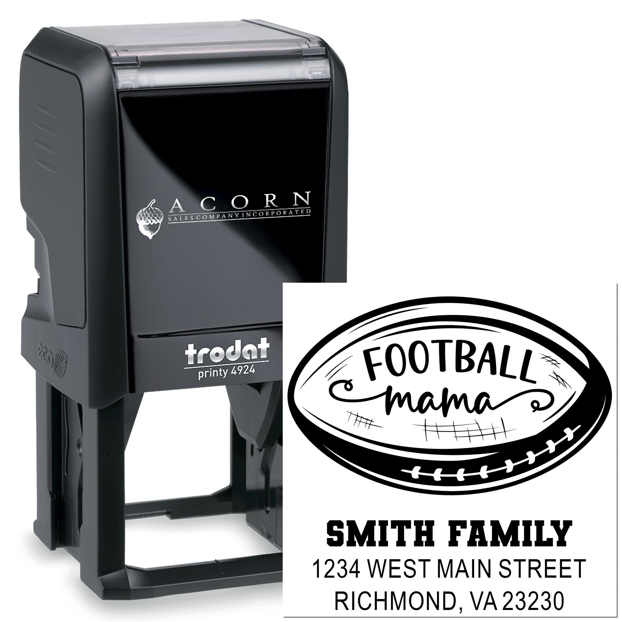 Custom self-inking rubber stamp for football mama family address, shown with Trodat Printy 4924 stamp.
