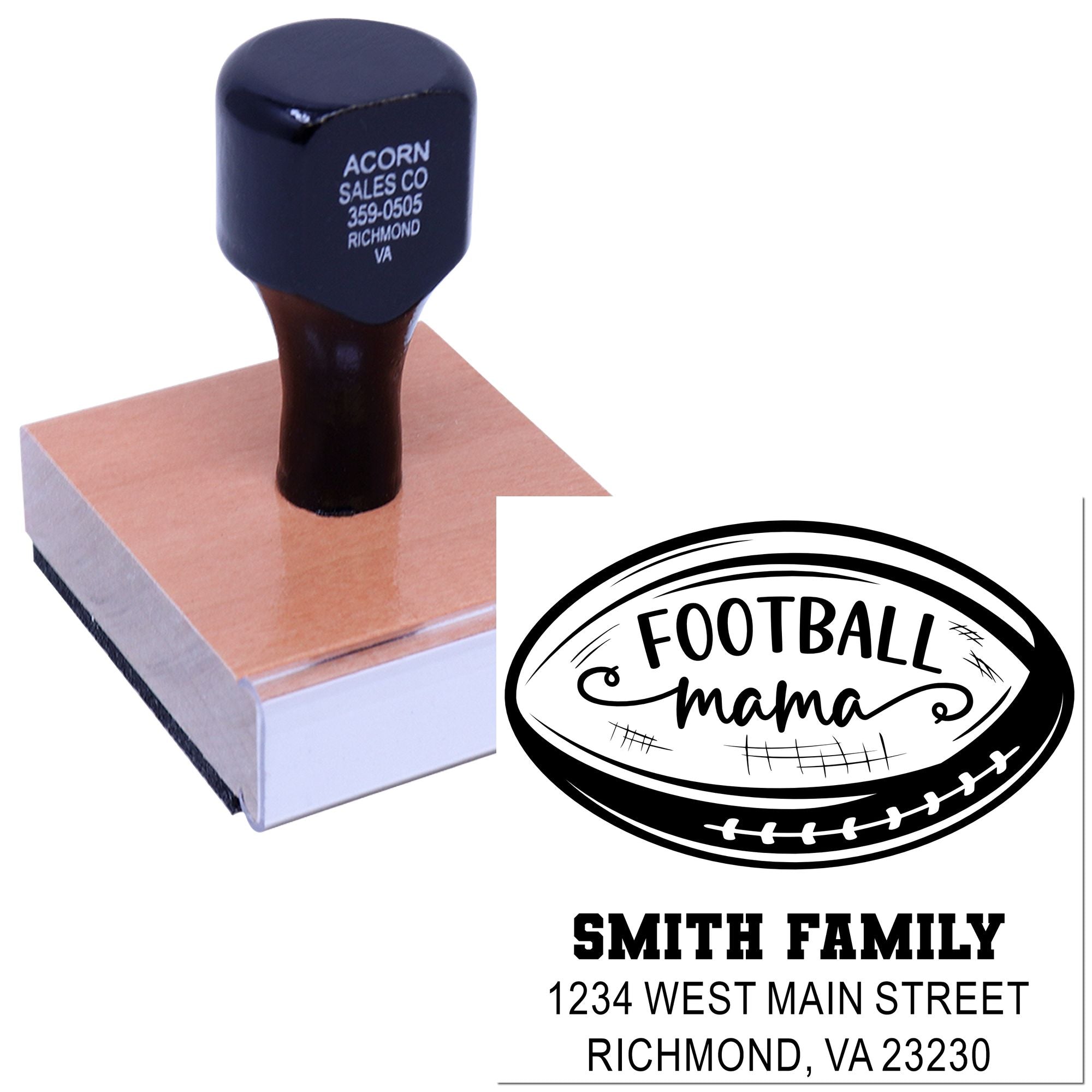 Custom football mama rubber stamp with family name and address, shown on self-inking stamp block for personalized envelopes.