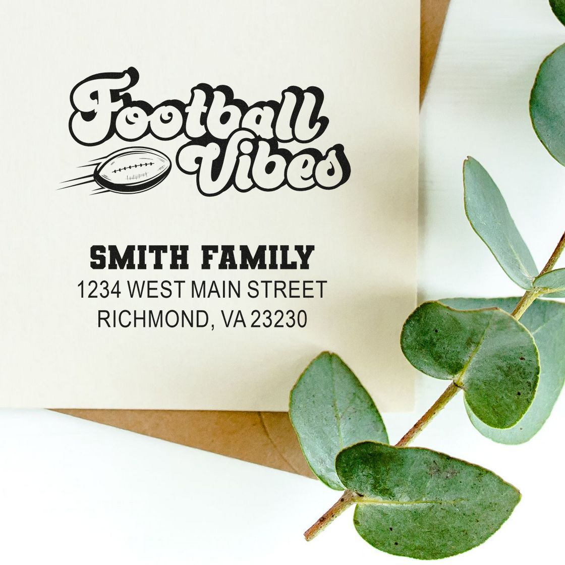 Personalized football vibes rubber stamp with Smith Family return address for custom mailing and sports-themed stationery.