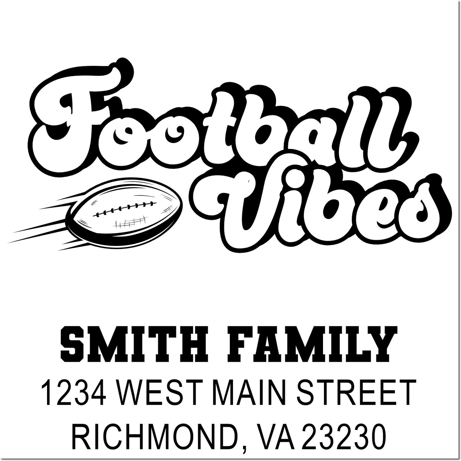 Football-themed Smith Family return address rubber stamp with football graphic, 1234 West Main Street, Richmond, VA 23230