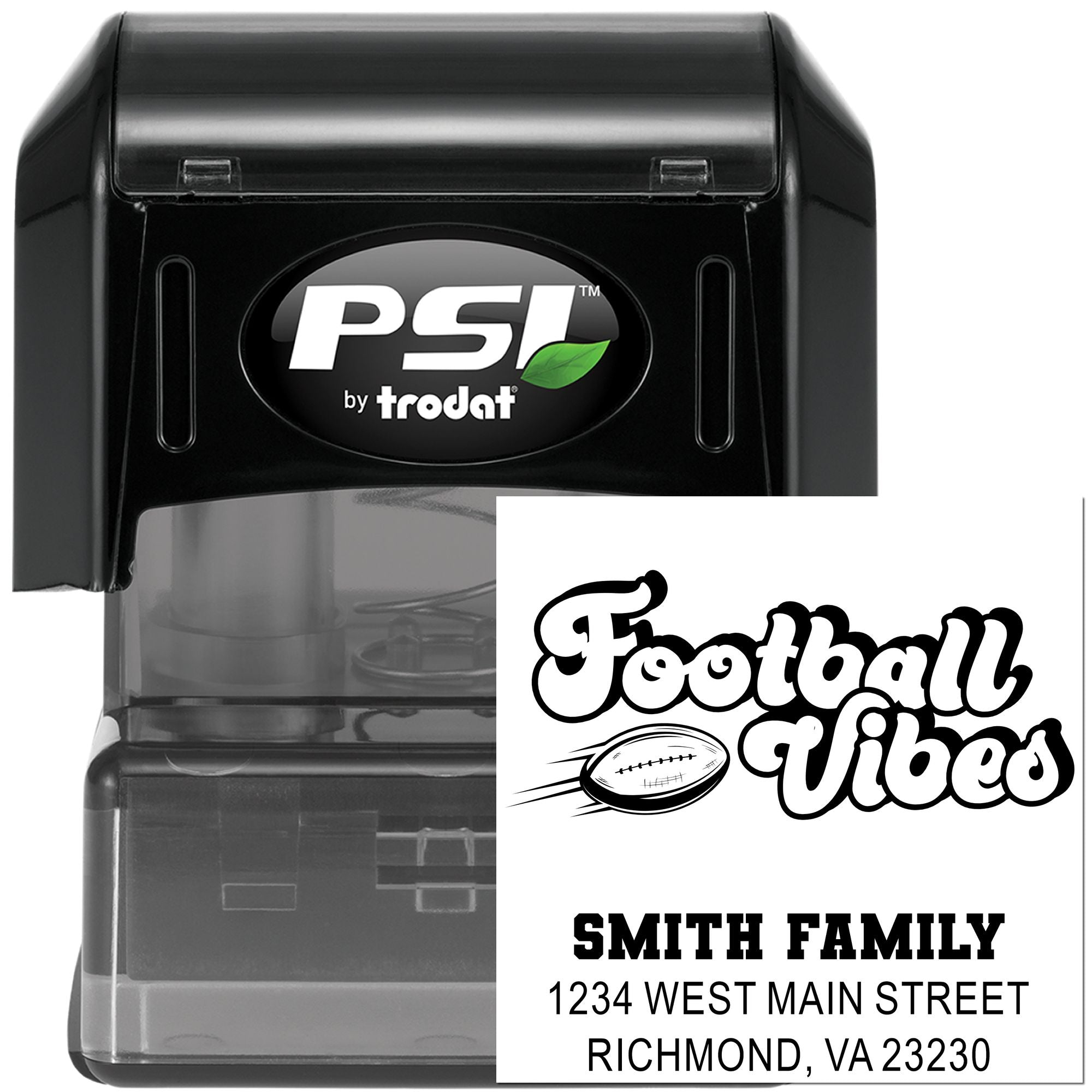 Custom self-inking rubber stamp by PSI Trodat with football vibes design and Smith Family address for personalized mailing.