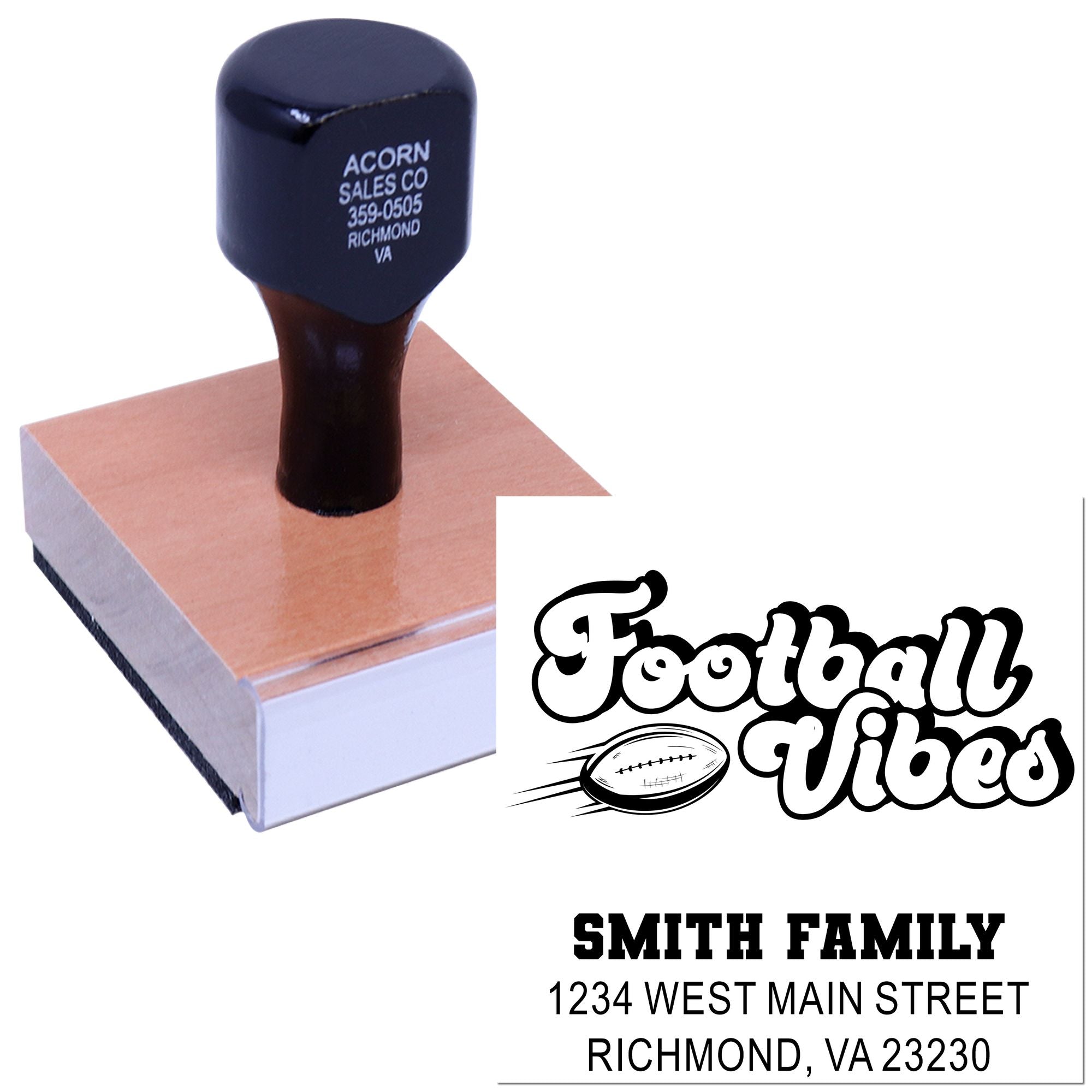 Personalized Football Vibes rubber stamp with Smith Family address for custom mailing and sports-themed stationery.
