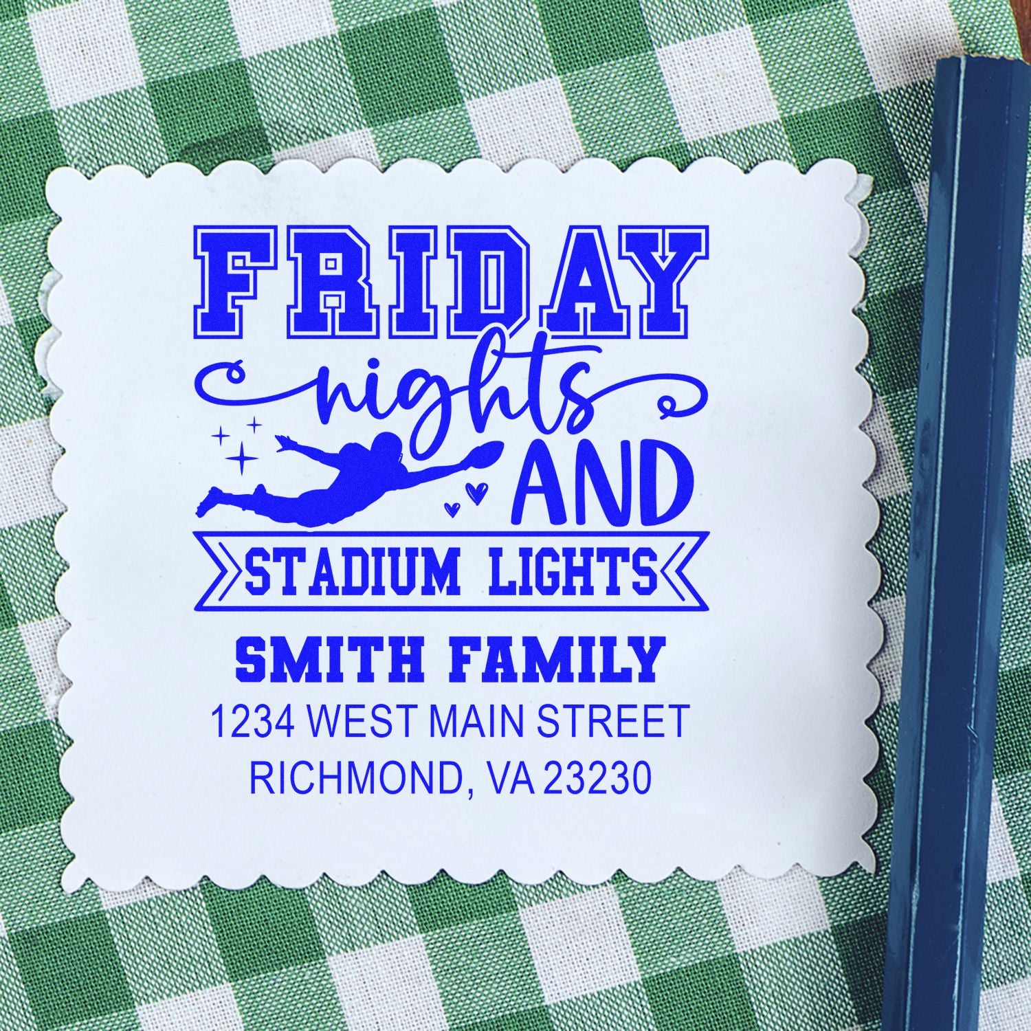 Custom rubber stamp with Friday Nights and Stadium Lights design, personalized Smith family address, football-themed blue stamp impression