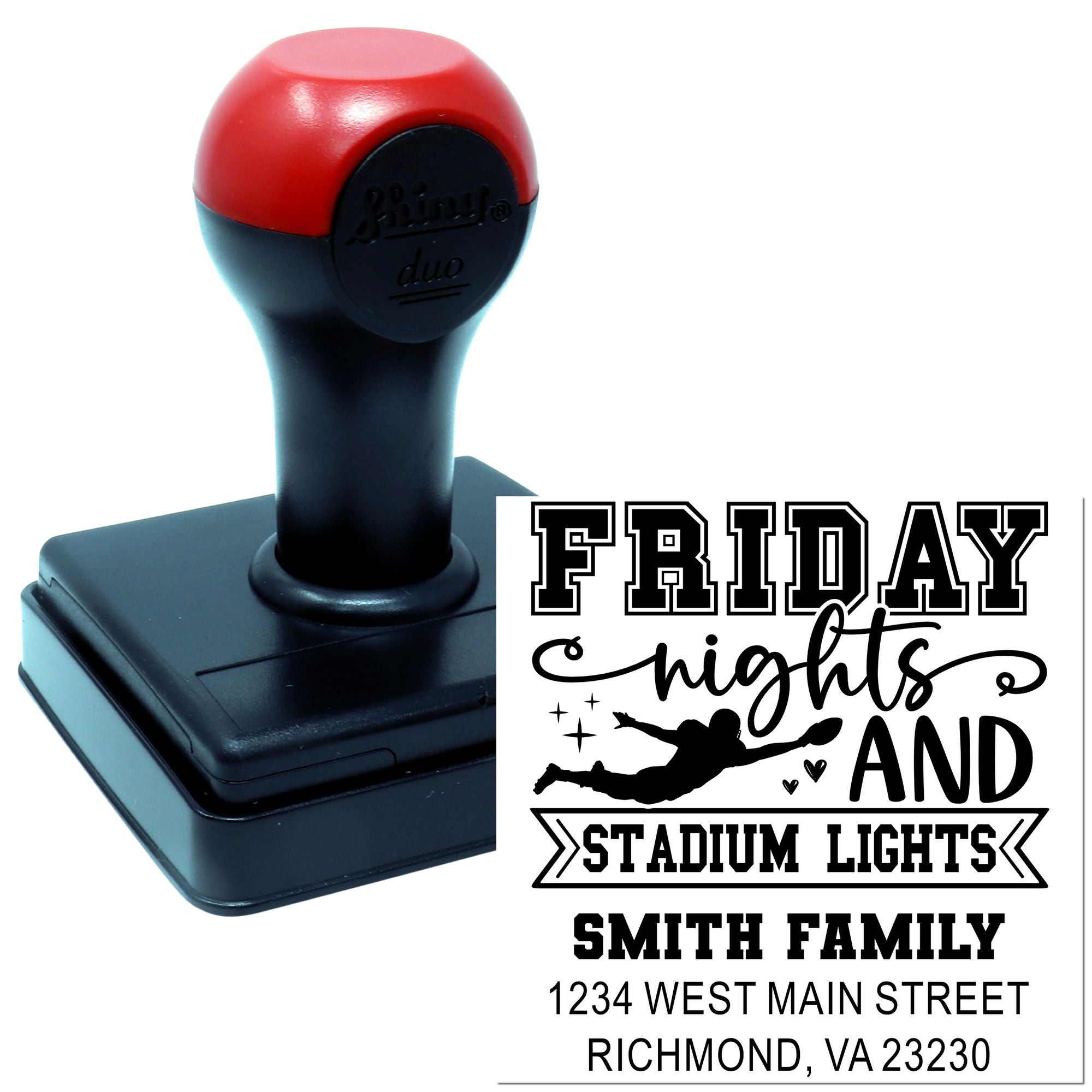 Custom self-inking rubber stamp with Friday Nights Stadium Lights design and Smith Family address imprint