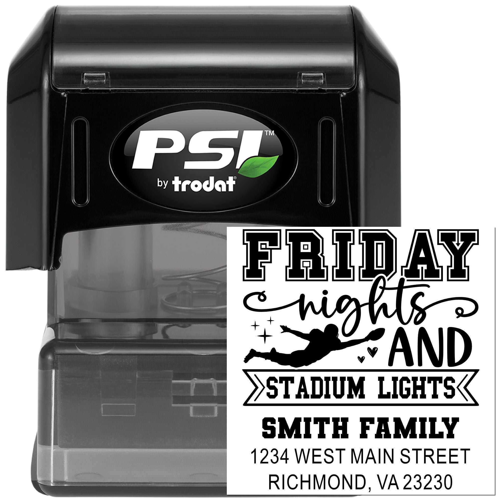 PSI by Trodat self-inking custom rubber address stamp with Friday nights and stadium lights family design.