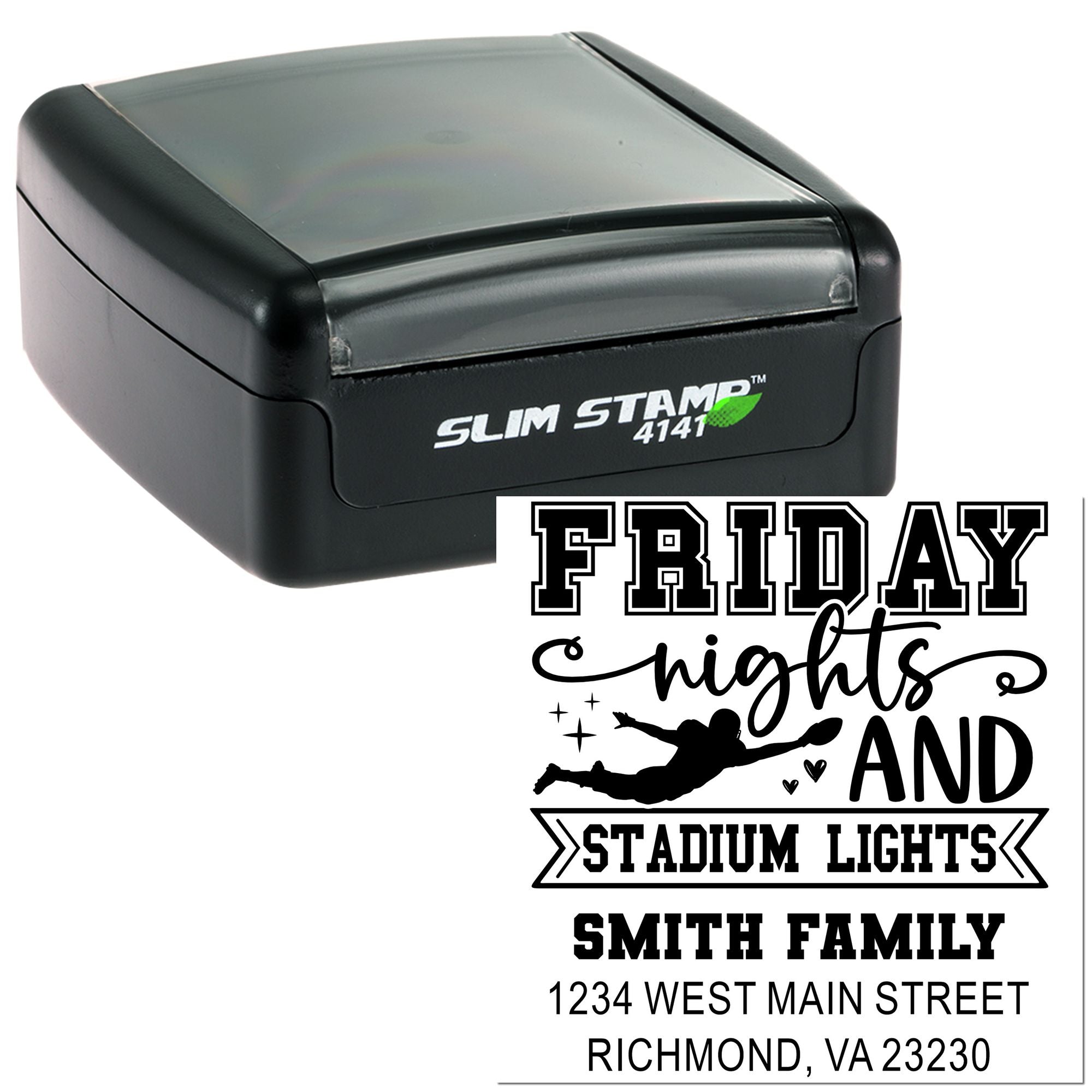 Custom slim rubber address stamp with Friday nights and stadium lights design for Smith family personalized mailings